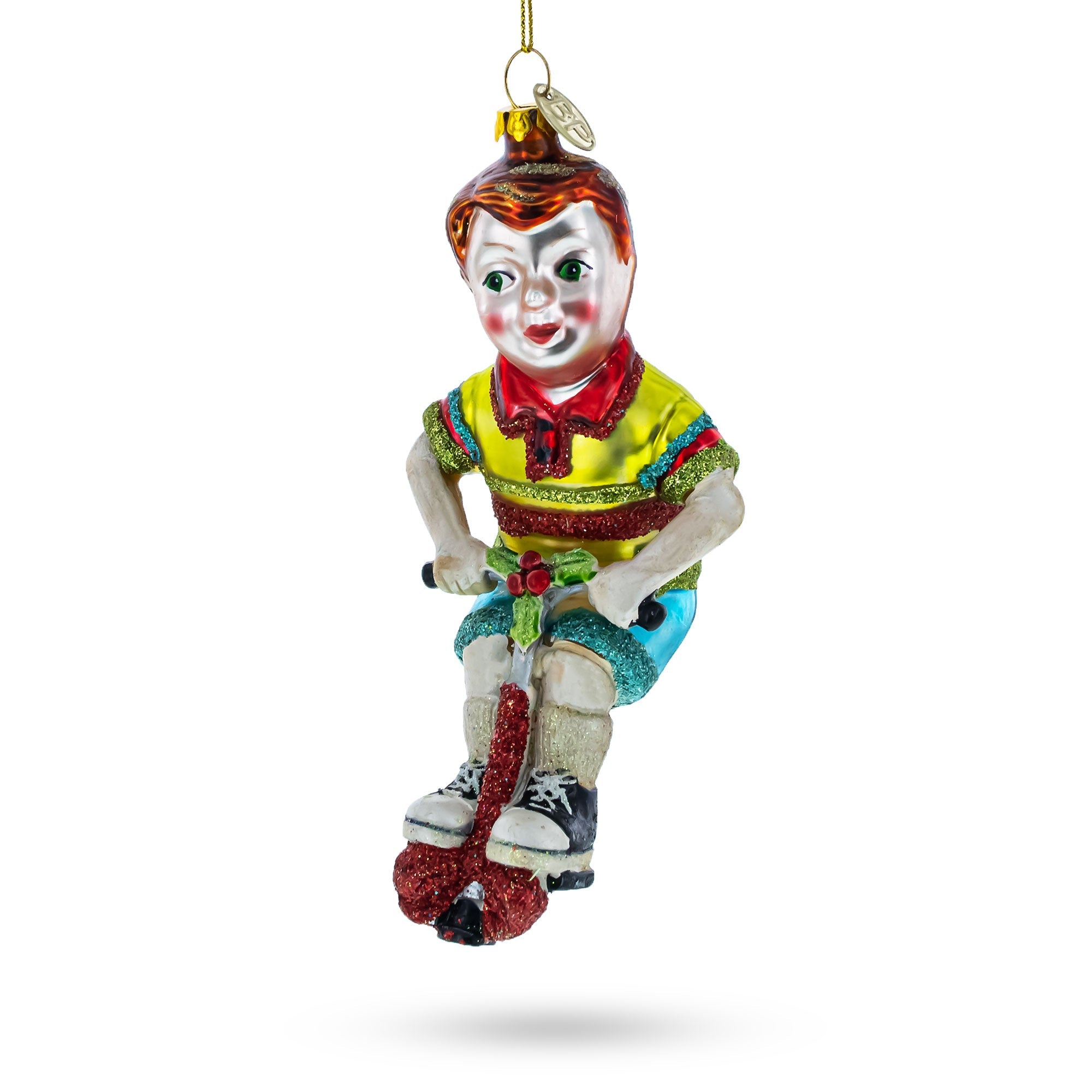 Energetic Boy On Pogo Stick - Blown Glass Christmas Ornament