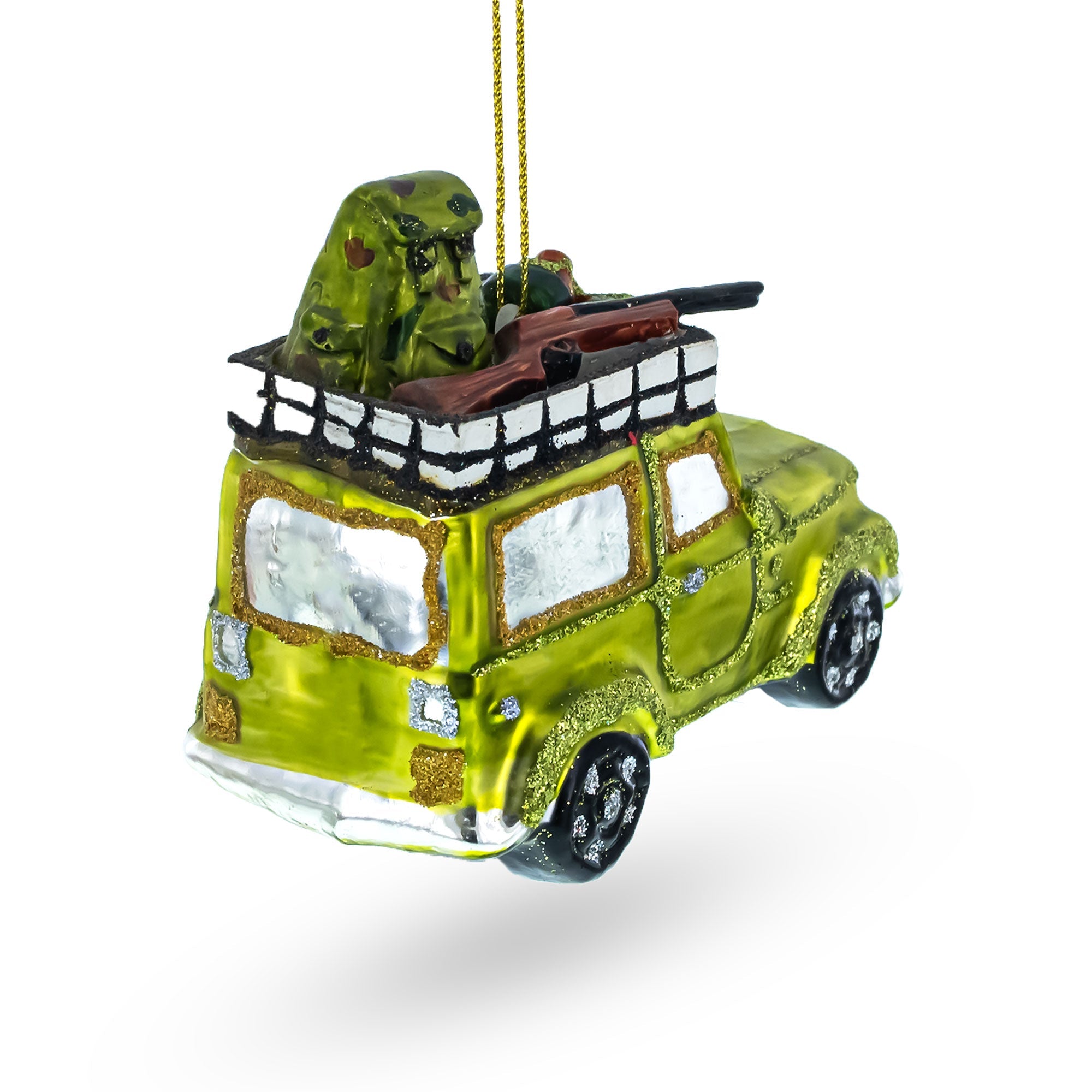 Camouflaged Hunter In A Car - Blown Glass Christmas Ornament