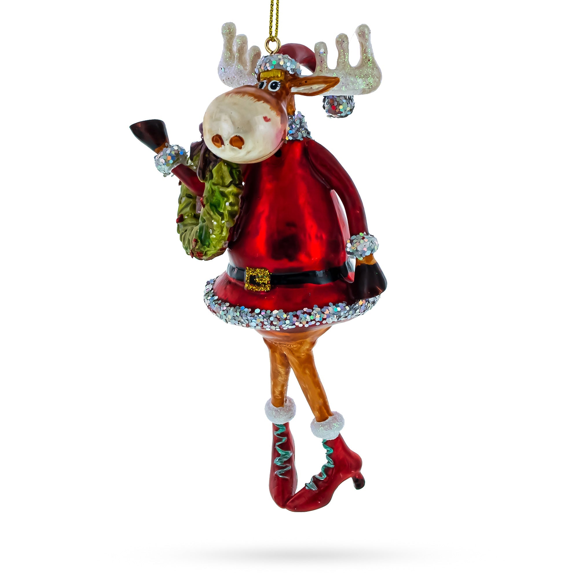 Elegant Reindeer Lady Adorned With Christmas Wreath - Festive Blown Glass Christmas Ornament