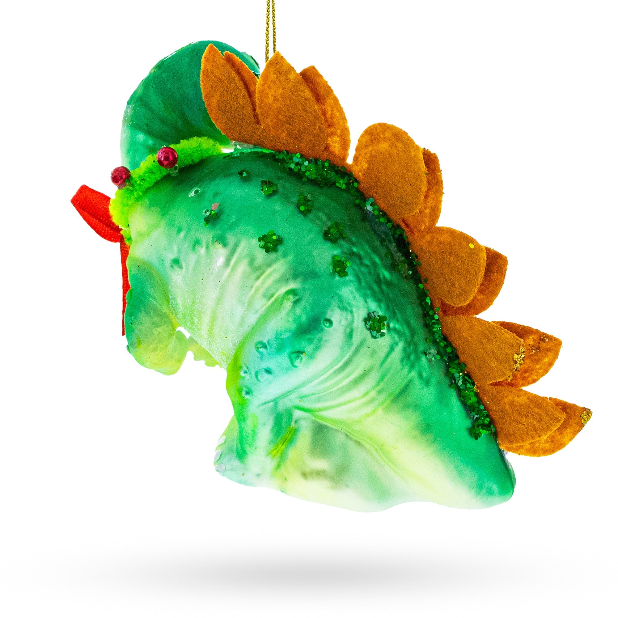 Roaring Green Dinosaur With Gifts - Blown Glass Christmas Ornament