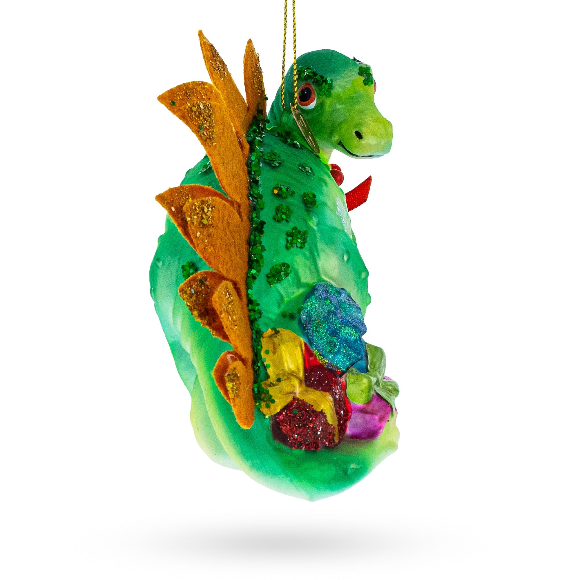 Roaring Green Dinosaur With Gifts - Blown Glass Christmas Ornament