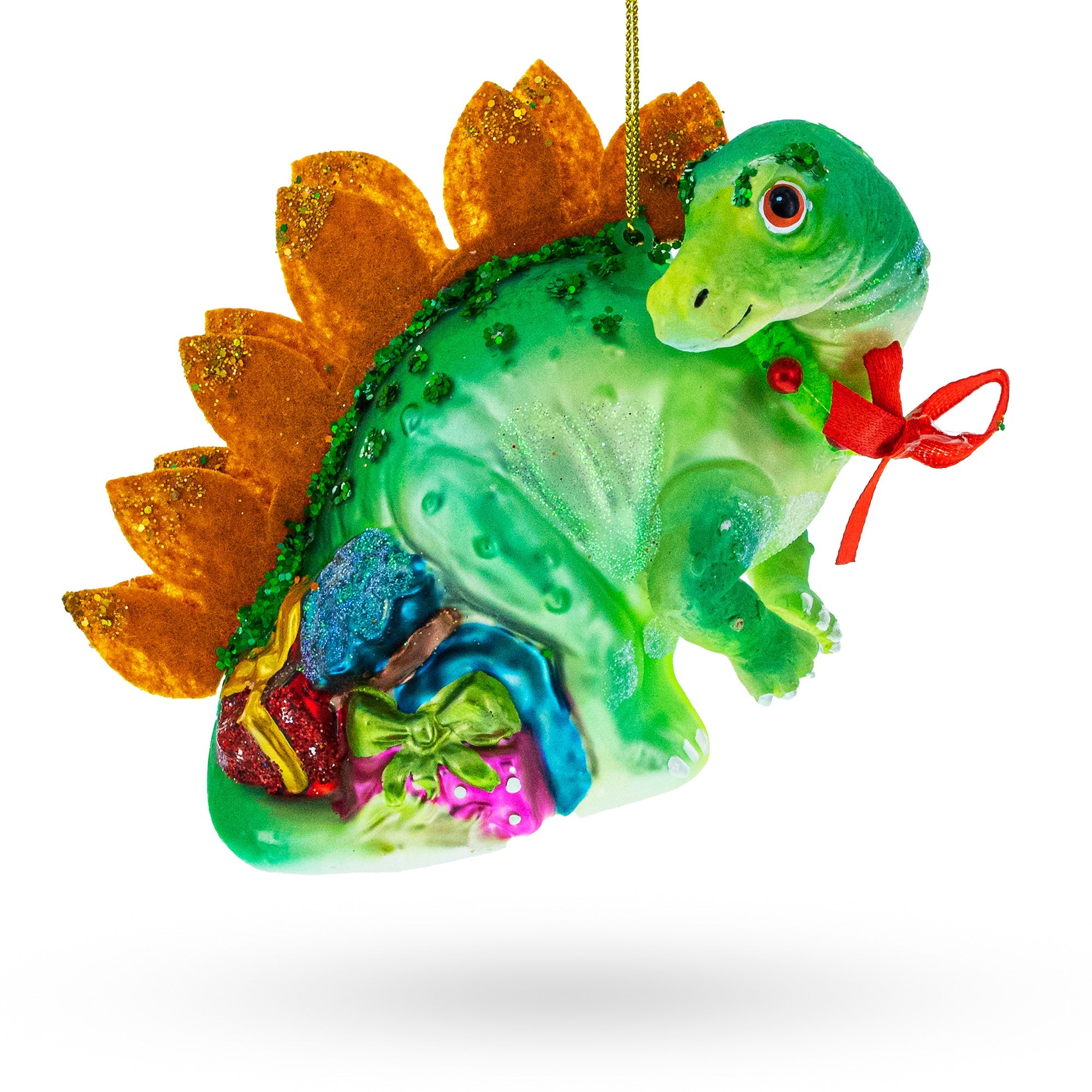 Roaring Green Dinosaur With Gifts - Blown Glass Christmas Ornament