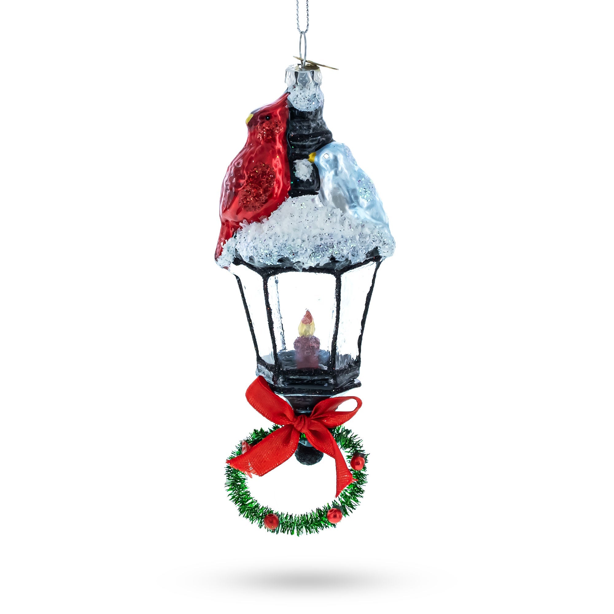 Red Cardinal Perched On Snow-capped Lantern - Blown Glass Christmas Ornament