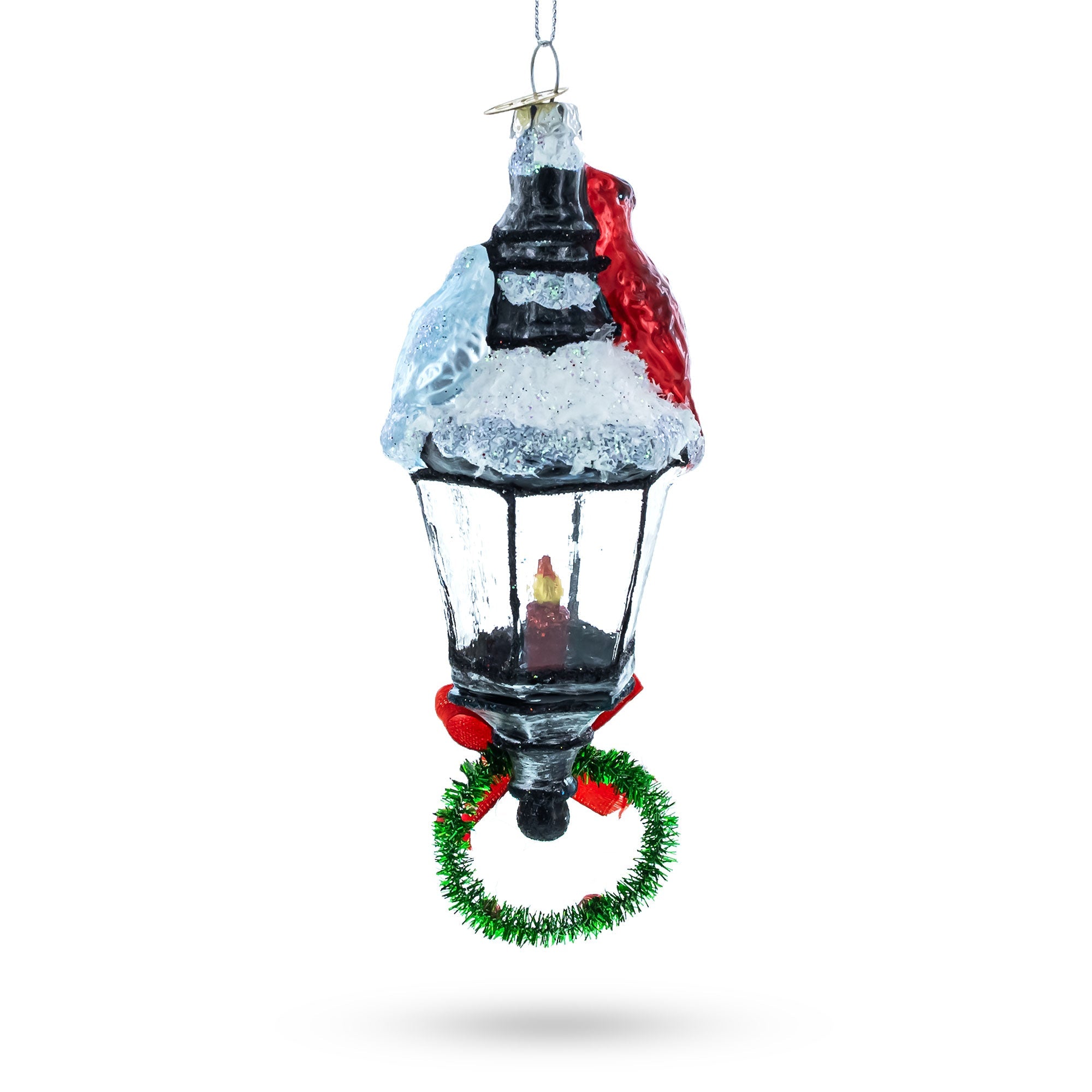 Red Cardinal Perched On Snow-capped Lantern - Blown Glass Christmas Ornament