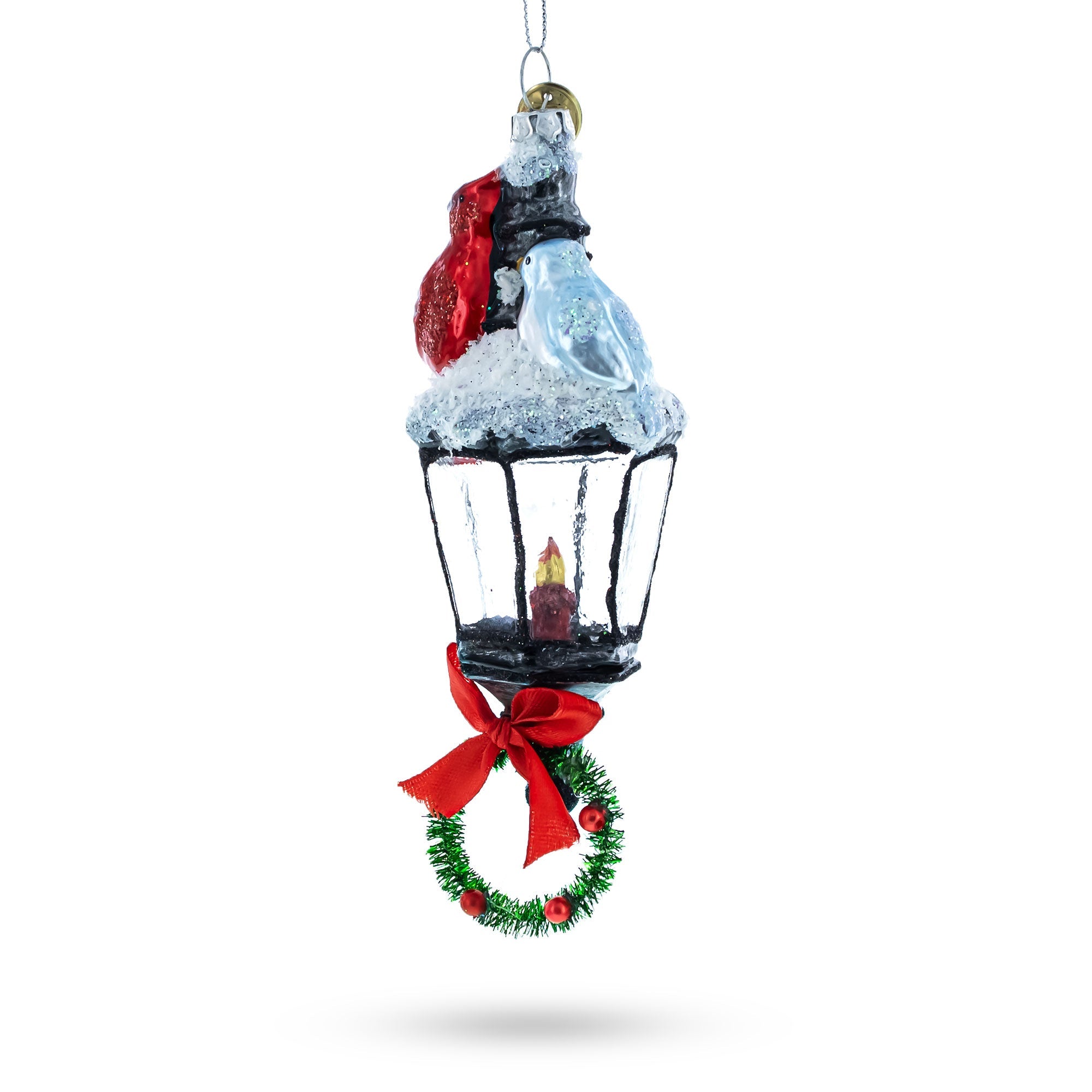 Red Cardinal Perched On Snow-capped Lantern - Blown Glass Christmas Ornament