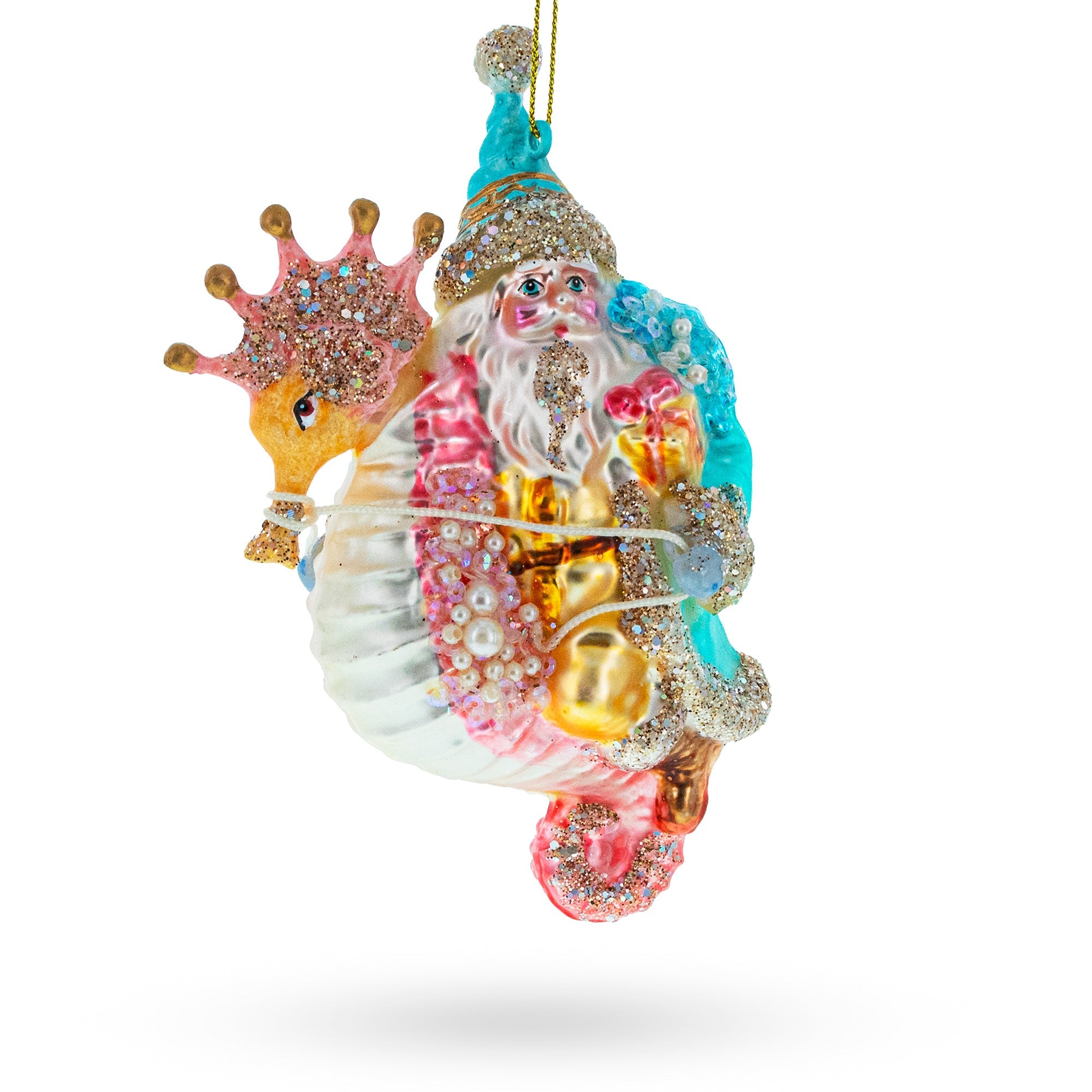 Santa Riding Seahorse - Blown Glass Christmas Ornament