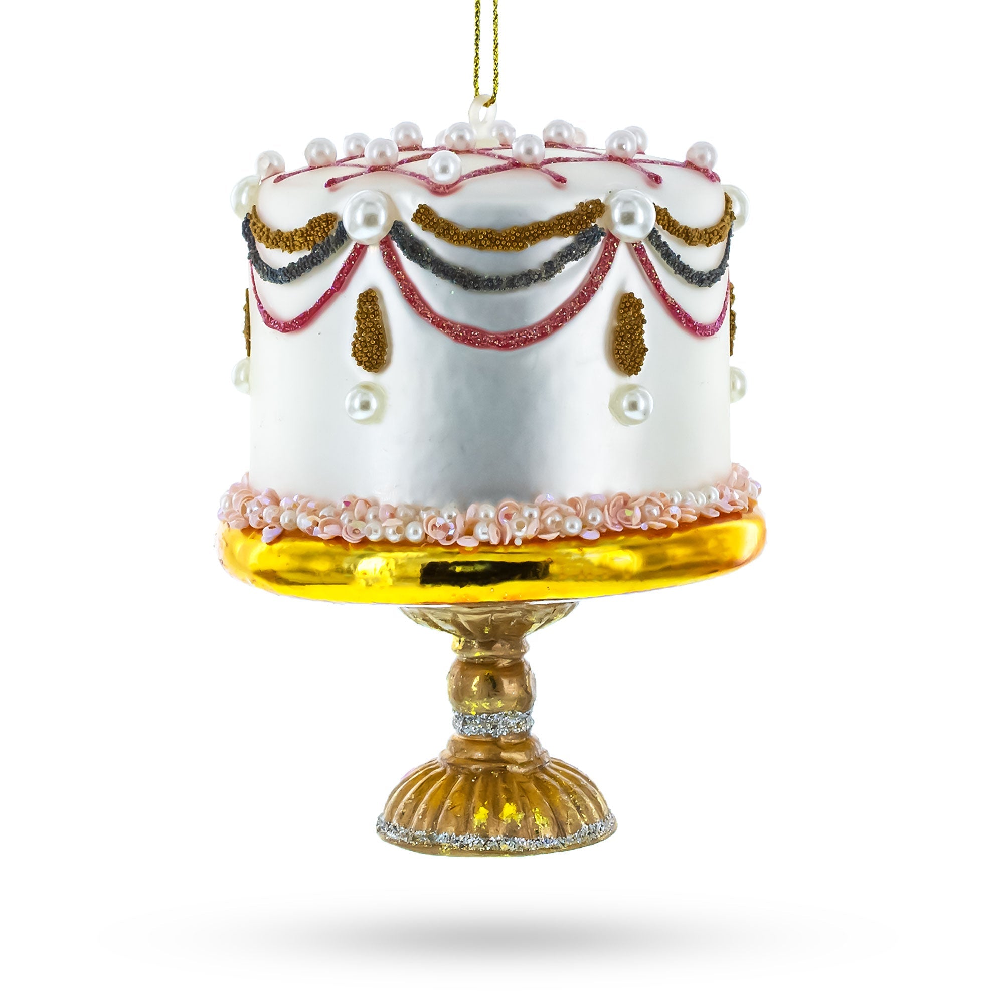 Pearl-adorned Celebration Cake - Blown Glass Christmas Ornament