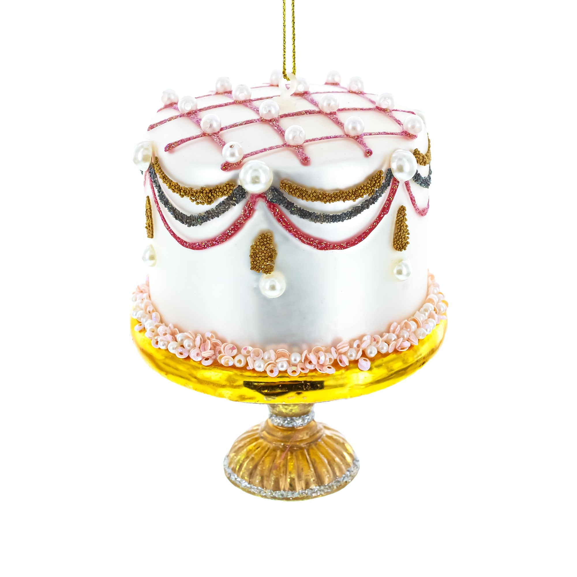 Pearl-adorned Celebration Cake - Blown Glass Christmas Ornament