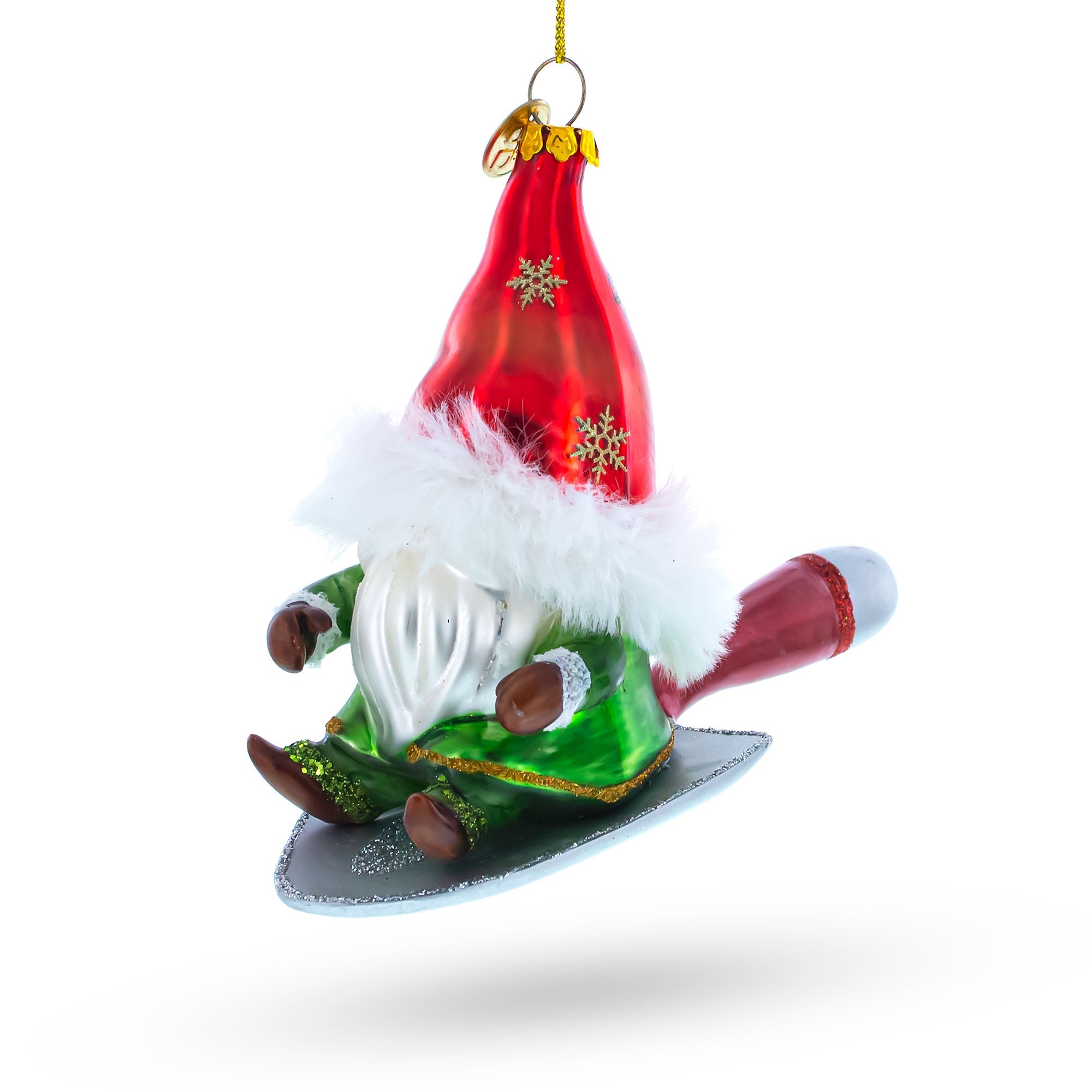 Scandinavian Gnome Valiantly Riding A Shield - Blown Glass Christmas Ornament