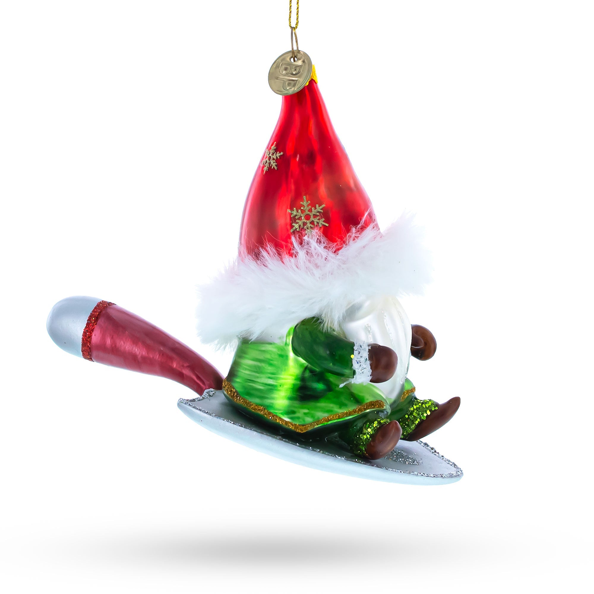 Scandinavian Gnome Valiantly Riding A Shield - Blown Glass Christmas Ornament