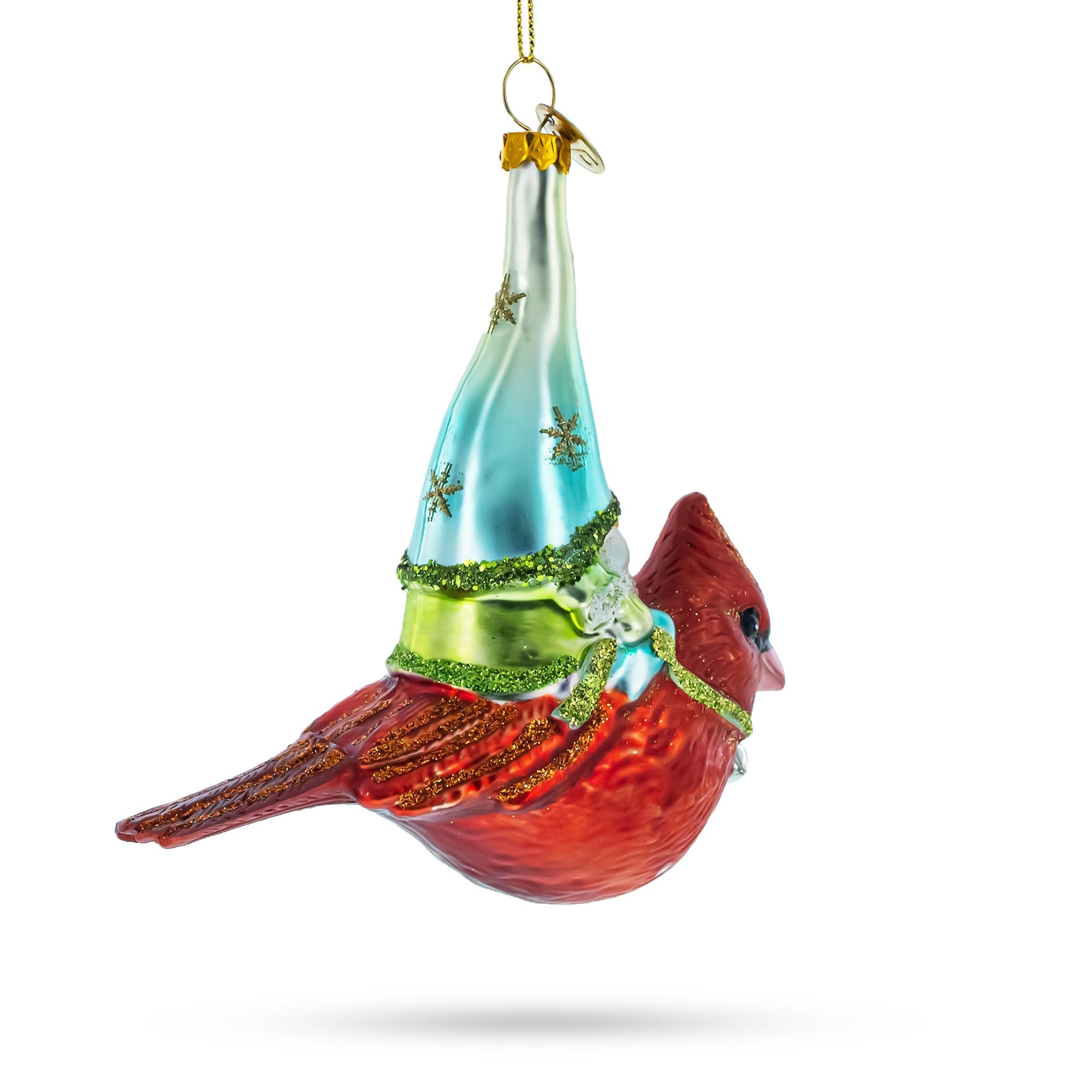 Scandinavian Gnome Sailing Atop A Cardinal Bird - Blown Glass Christmas Ornament