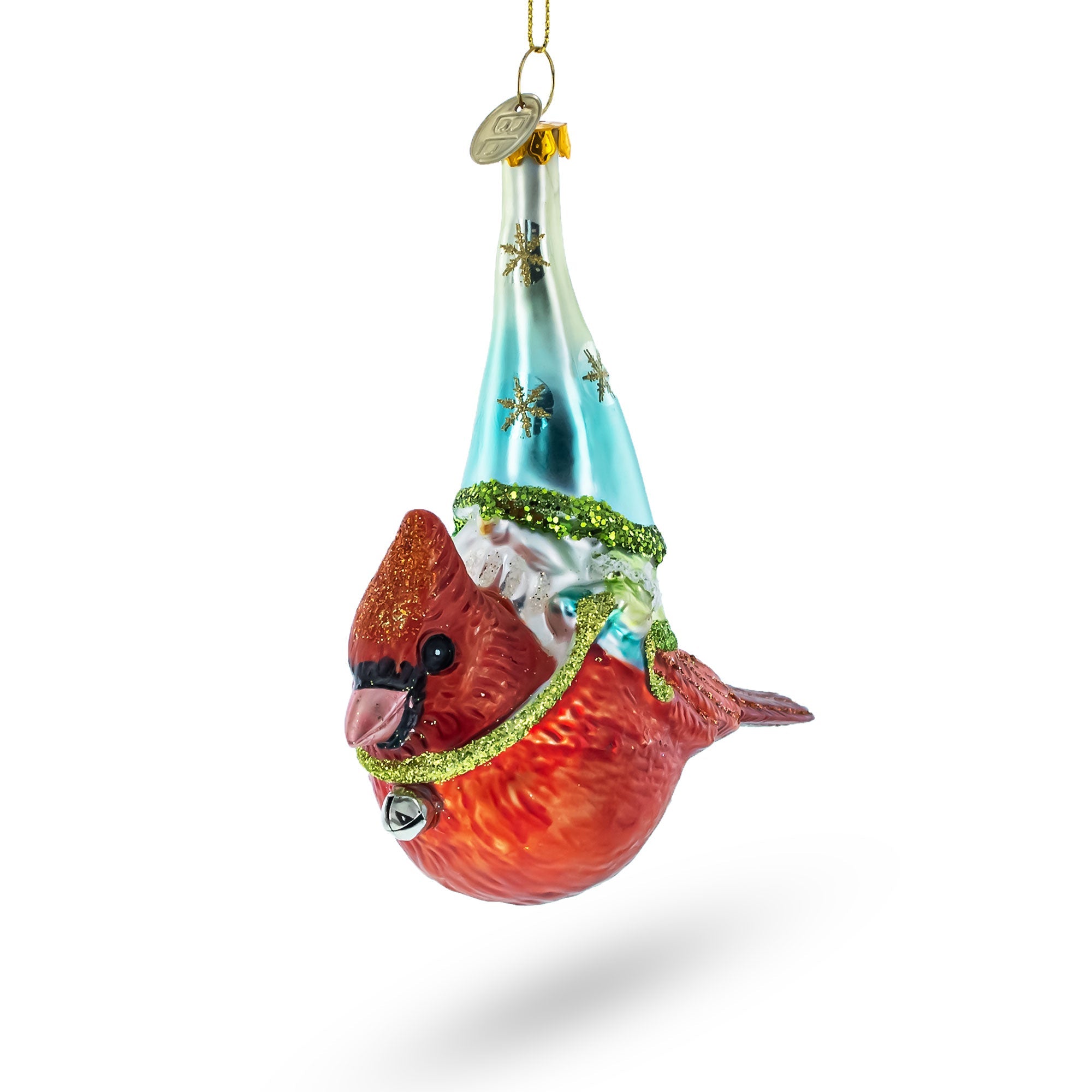 Scandinavian Gnome Sailing Atop A Cardinal Bird - Blown Glass Christmas Ornament