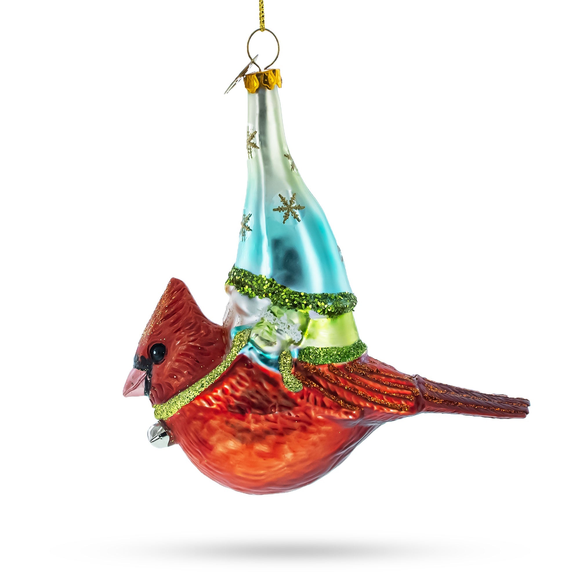 Scandinavian Gnome Sailing Atop A Cardinal Bird - Blown Glass Christmas Ornament