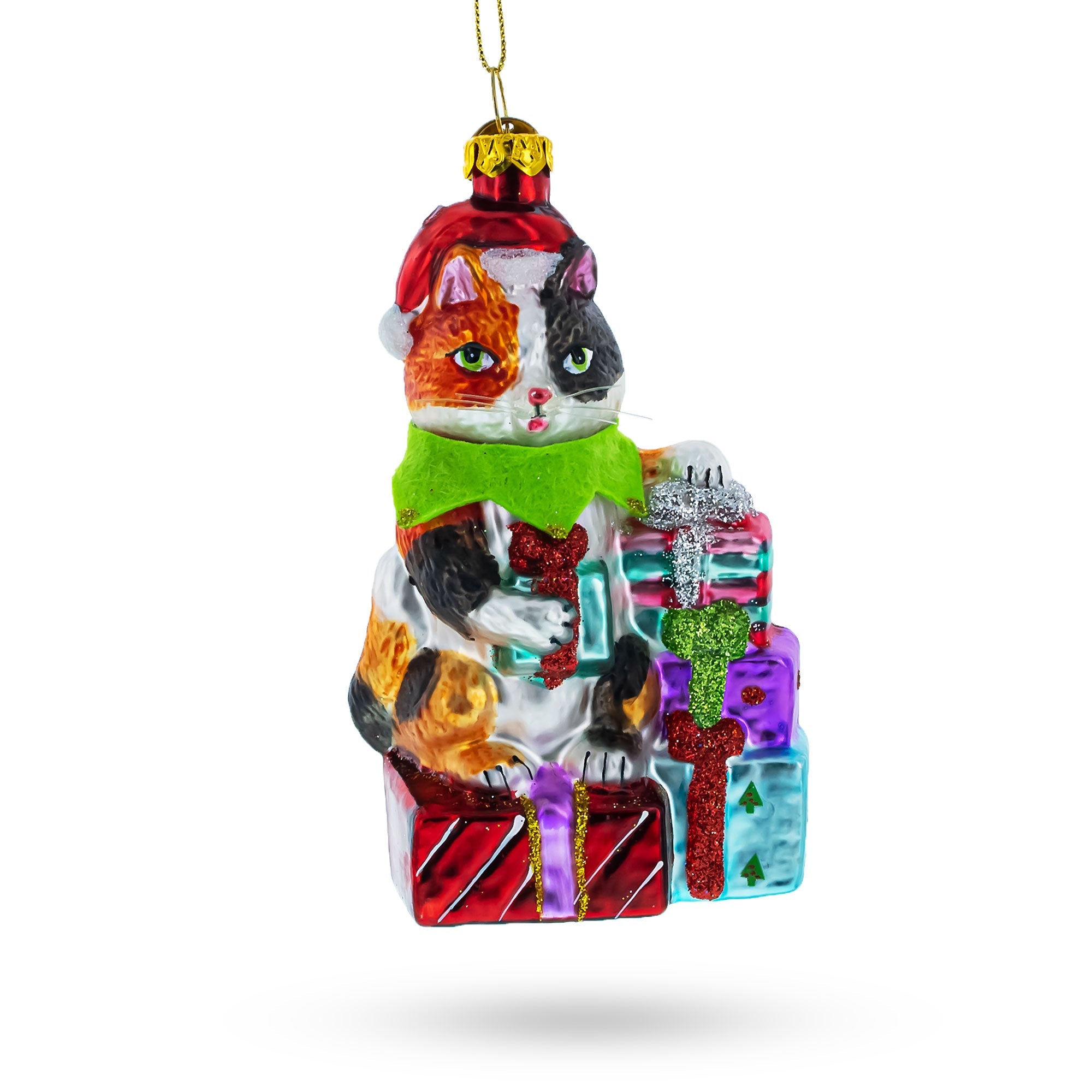 Festive Cat Surrounded By Gift Boxes - Blown Glass Christmas Ornament