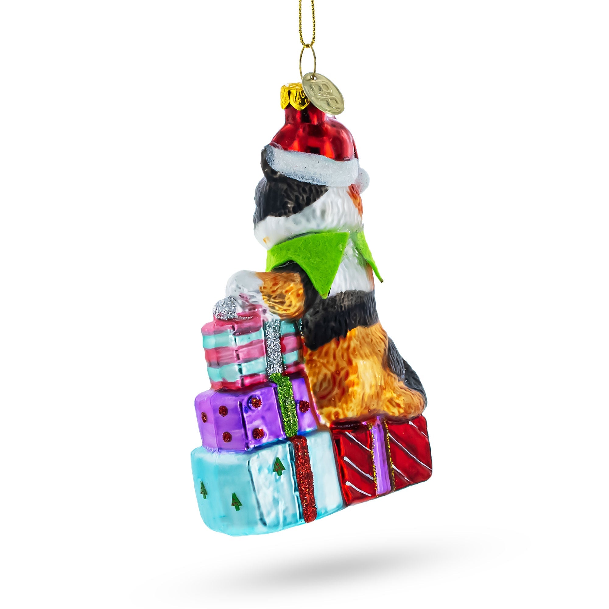 Festive Cat Surrounded By Gift Boxes - Blown Glass Christmas Ornament