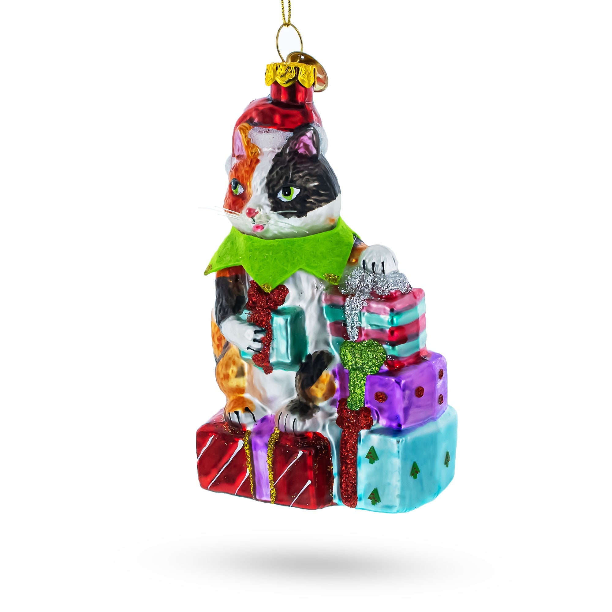 Festive Cat Surrounded By Gift Boxes - Blown Glass Christmas Ornament