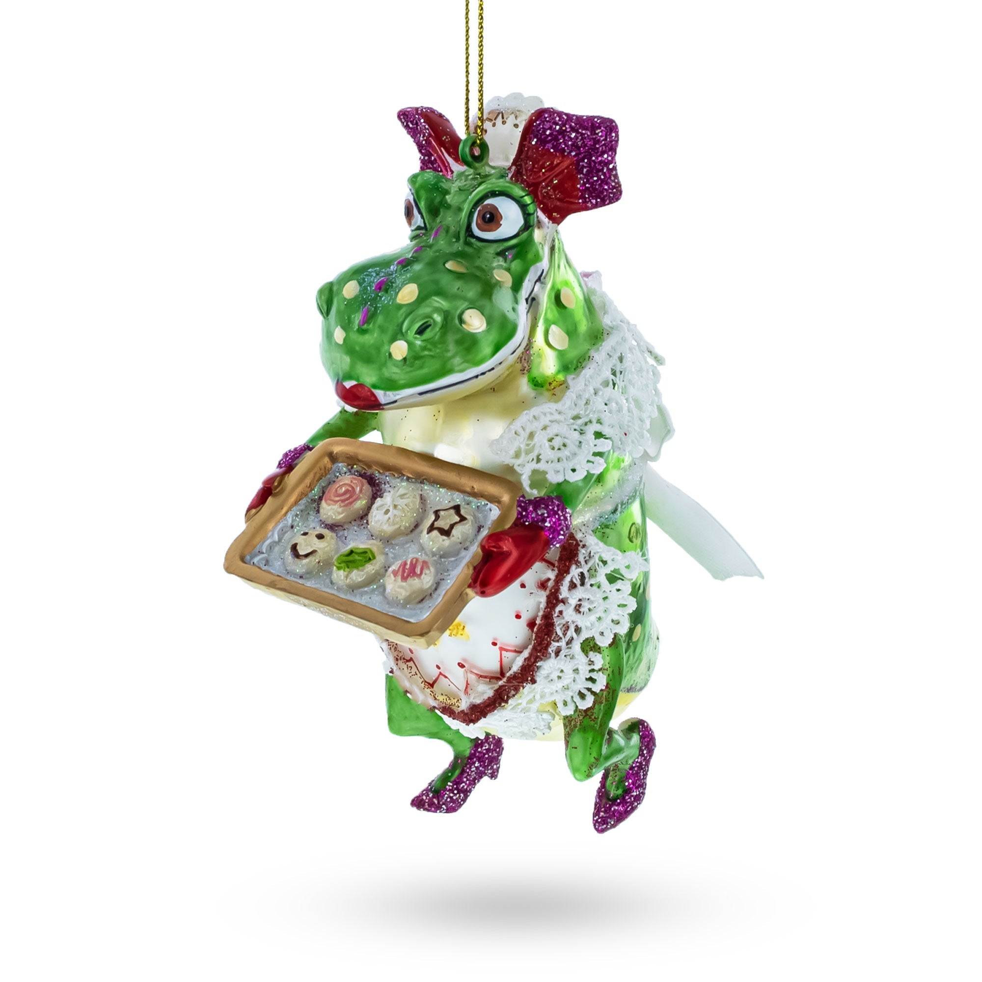 Cookie-bearing Dragon Delight - Blown Glass Christmas Ornament