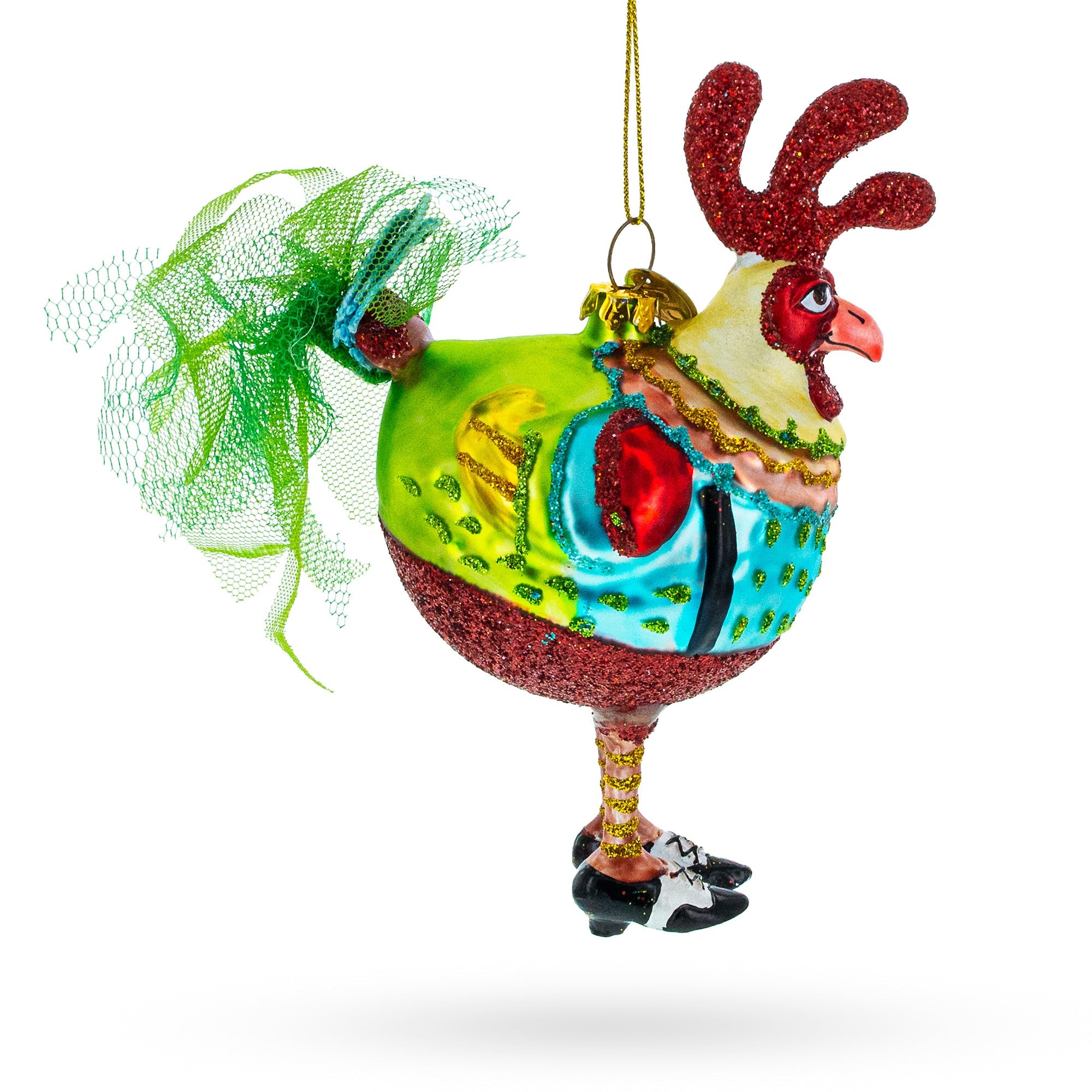 Farmyard Fashionista: Hen In Dress And Shoes - Blown Glass Christmas Ornament