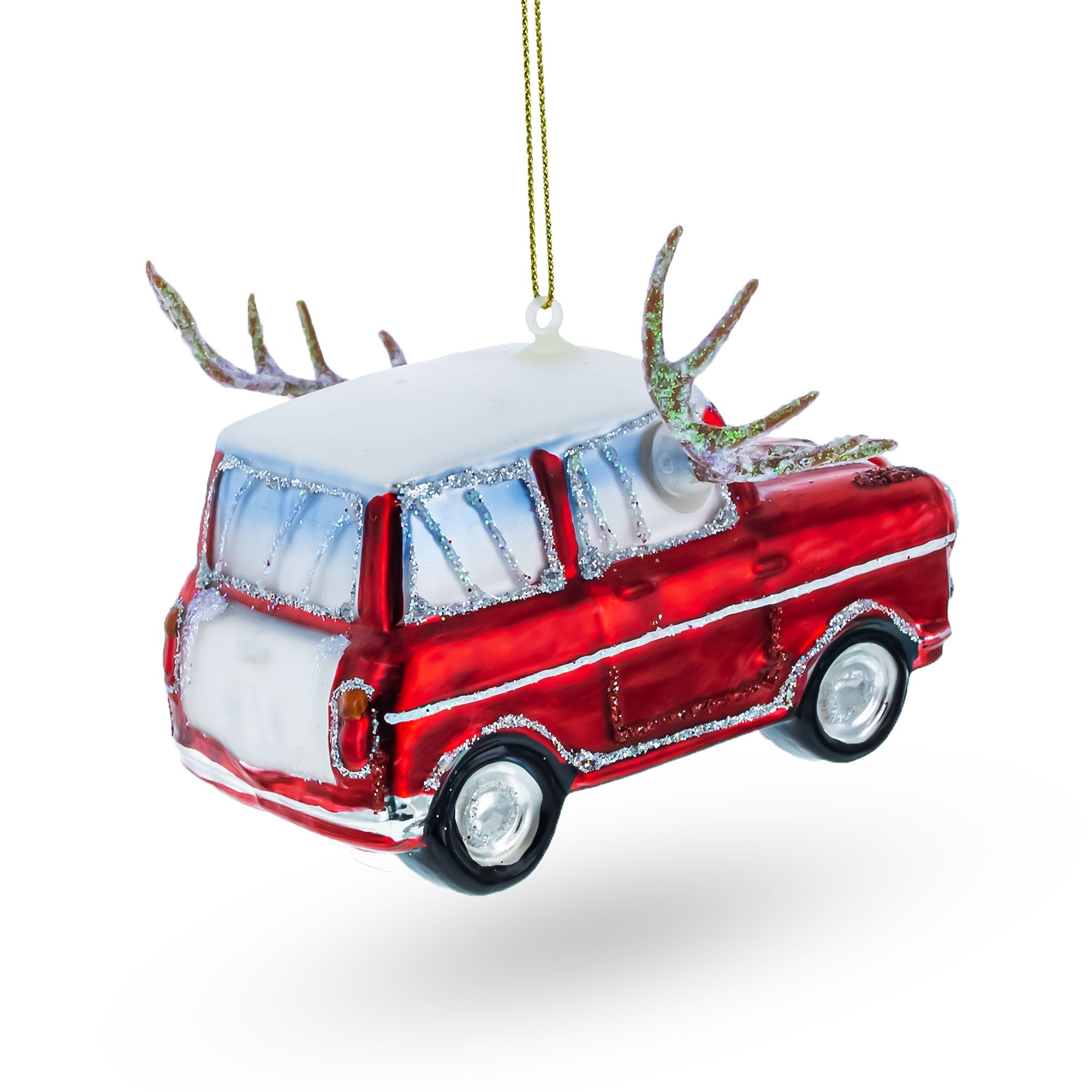 Reindeer Roadster: Car Decked Out With Nose & Antlers - Blown Glass Christmas Ornament