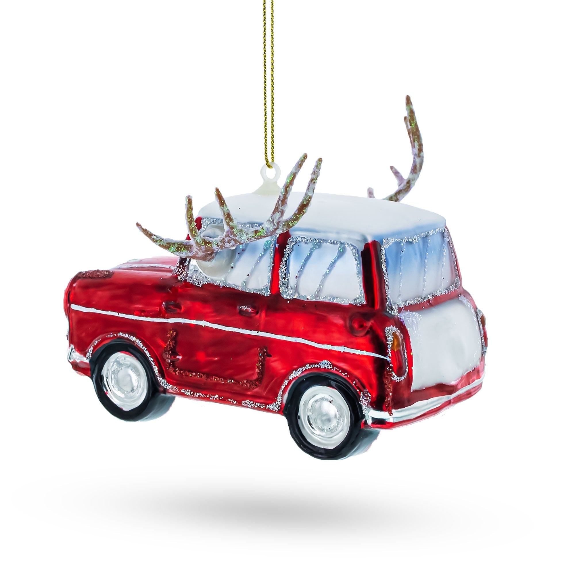 Reindeer Roadster: Car Decked Out With Nose & Antlers - Blown Glass Christmas Ornament