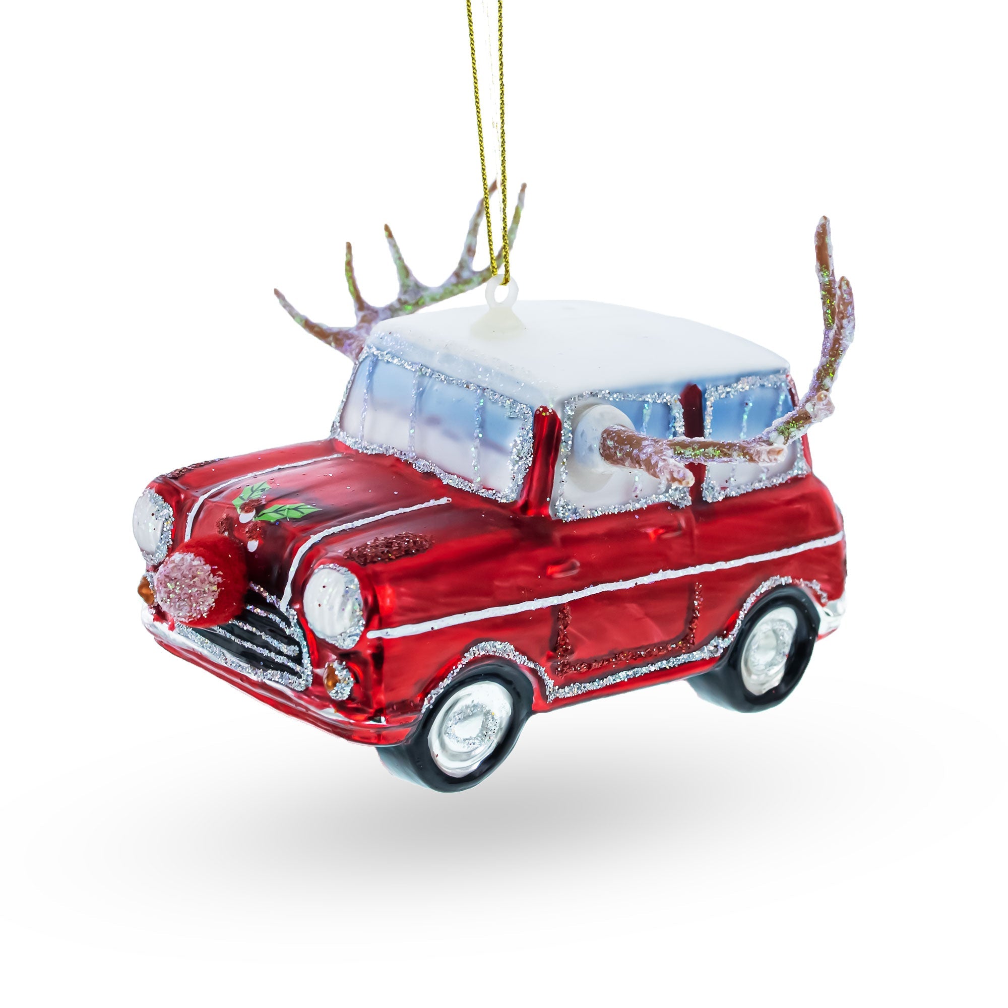 Reindeer Roadster: Car Decked Out With Nose & Antlers - Blown Glass Christmas Ornament