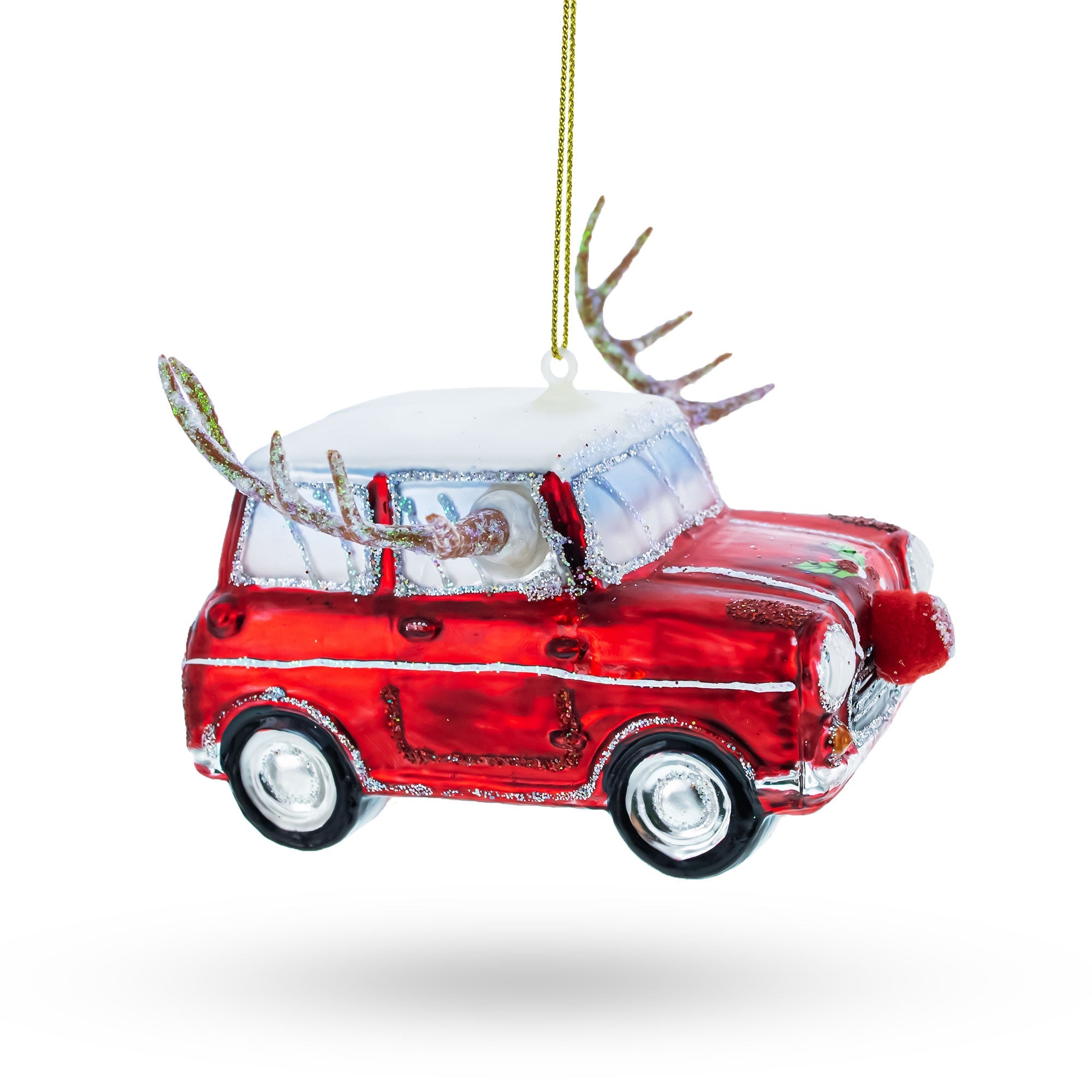 Reindeer Roadster: Car Decked Out With Nose & Antlers - Blown Glass Christmas Ornament