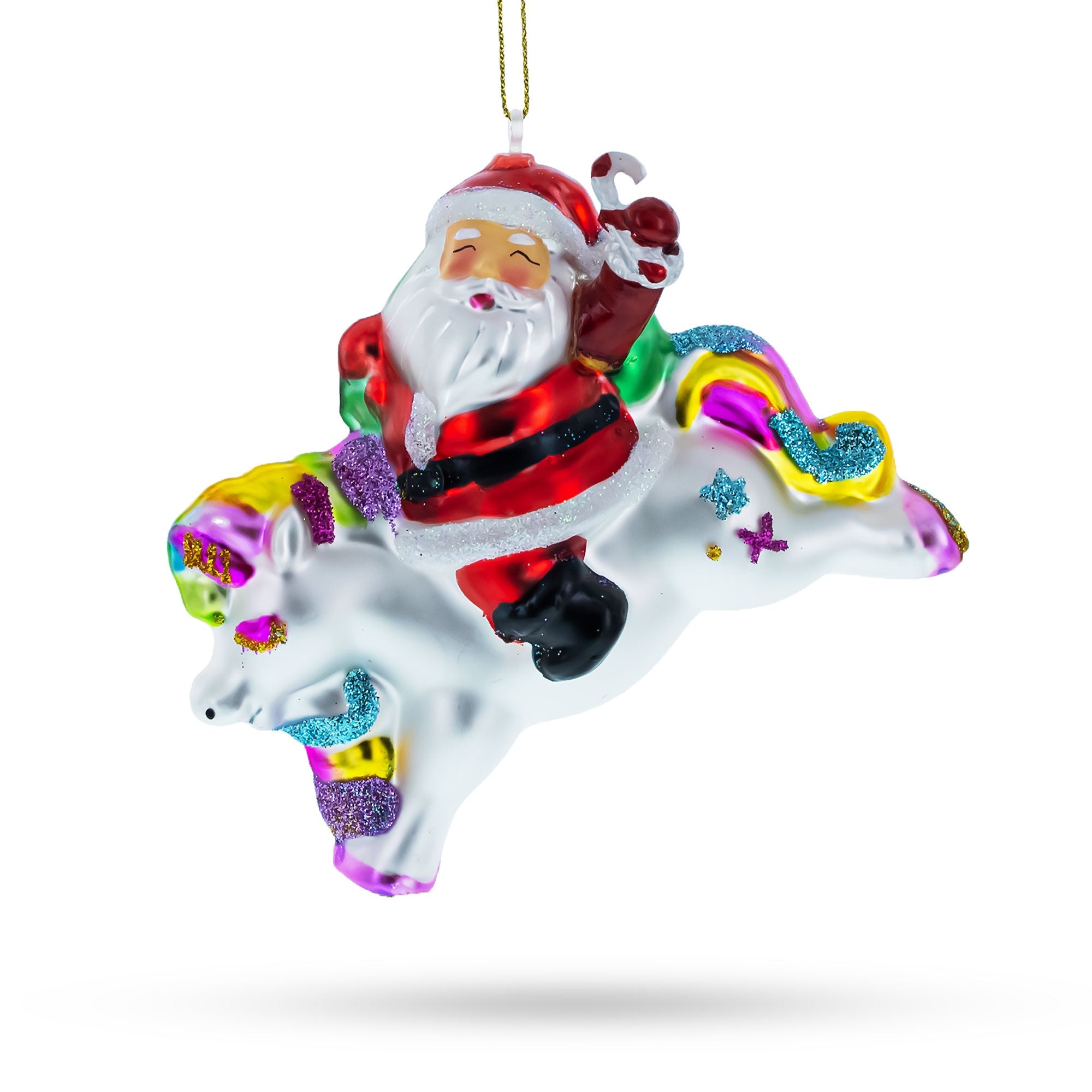 Santa's Enchanted Journey: Santa On A Unicorn - Blown Glass Christmas Ornament