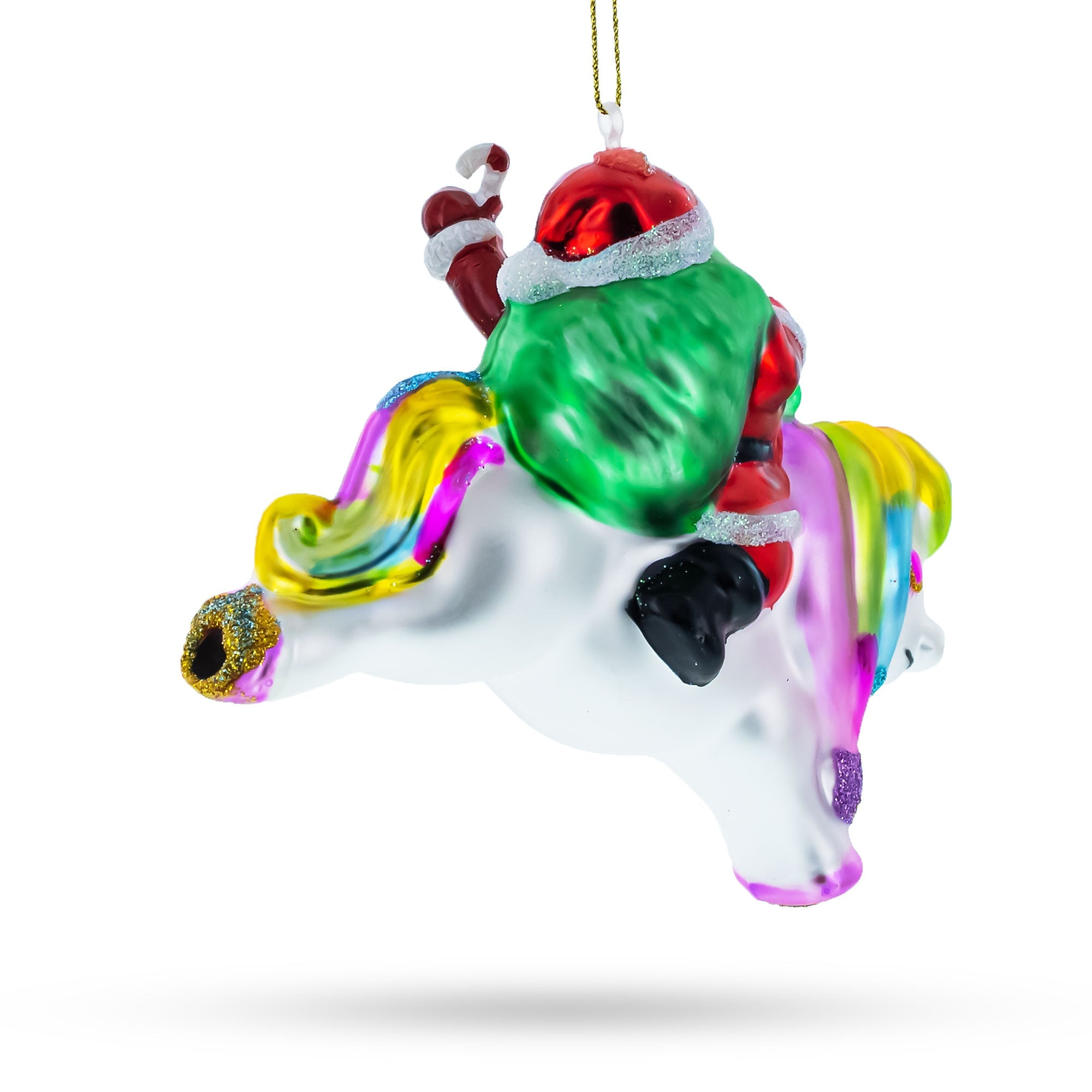 Santa's Enchanted Journey: Santa On A Unicorn - Blown Glass Christmas Ornament