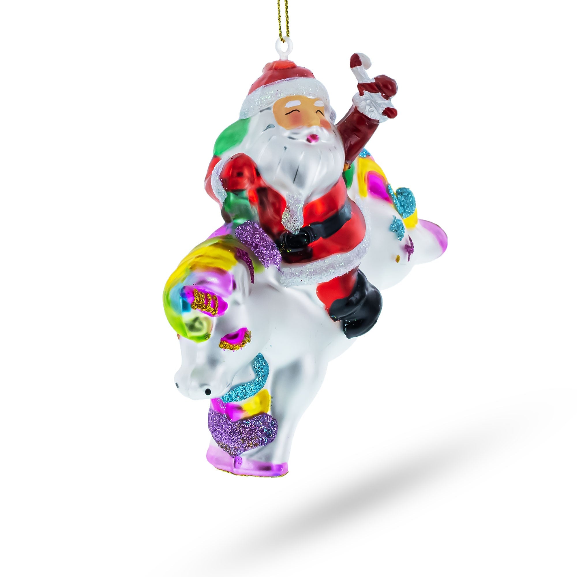 Santa's Enchanted Journey: Santa On A Unicorn - Blown Glass Christmas Ornament