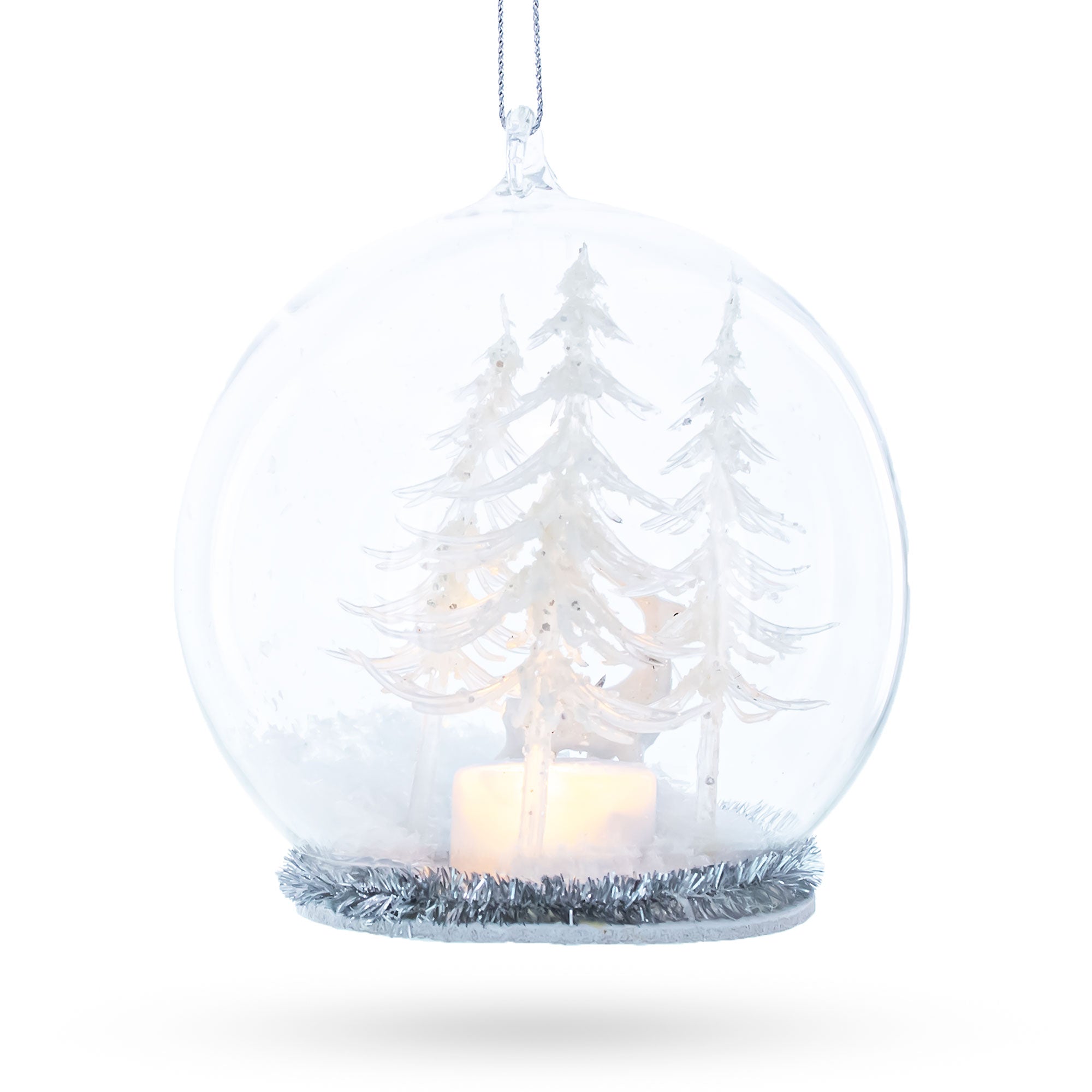 White Deer In Snow Globe With Glistening Snowflakes - Blown Glass Christmas Ornament