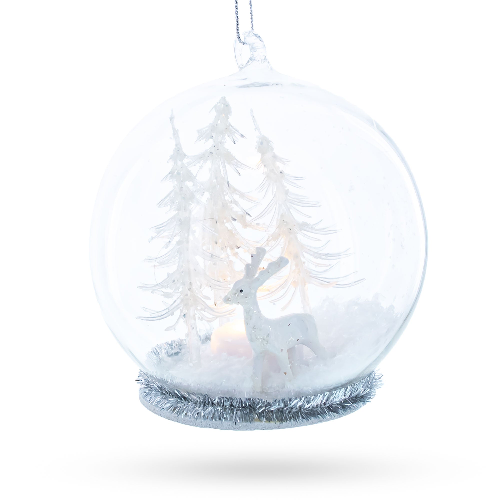 White Deer In Snow Globe With Glistening Snowflakes - Blown Glass Christmas Ornament