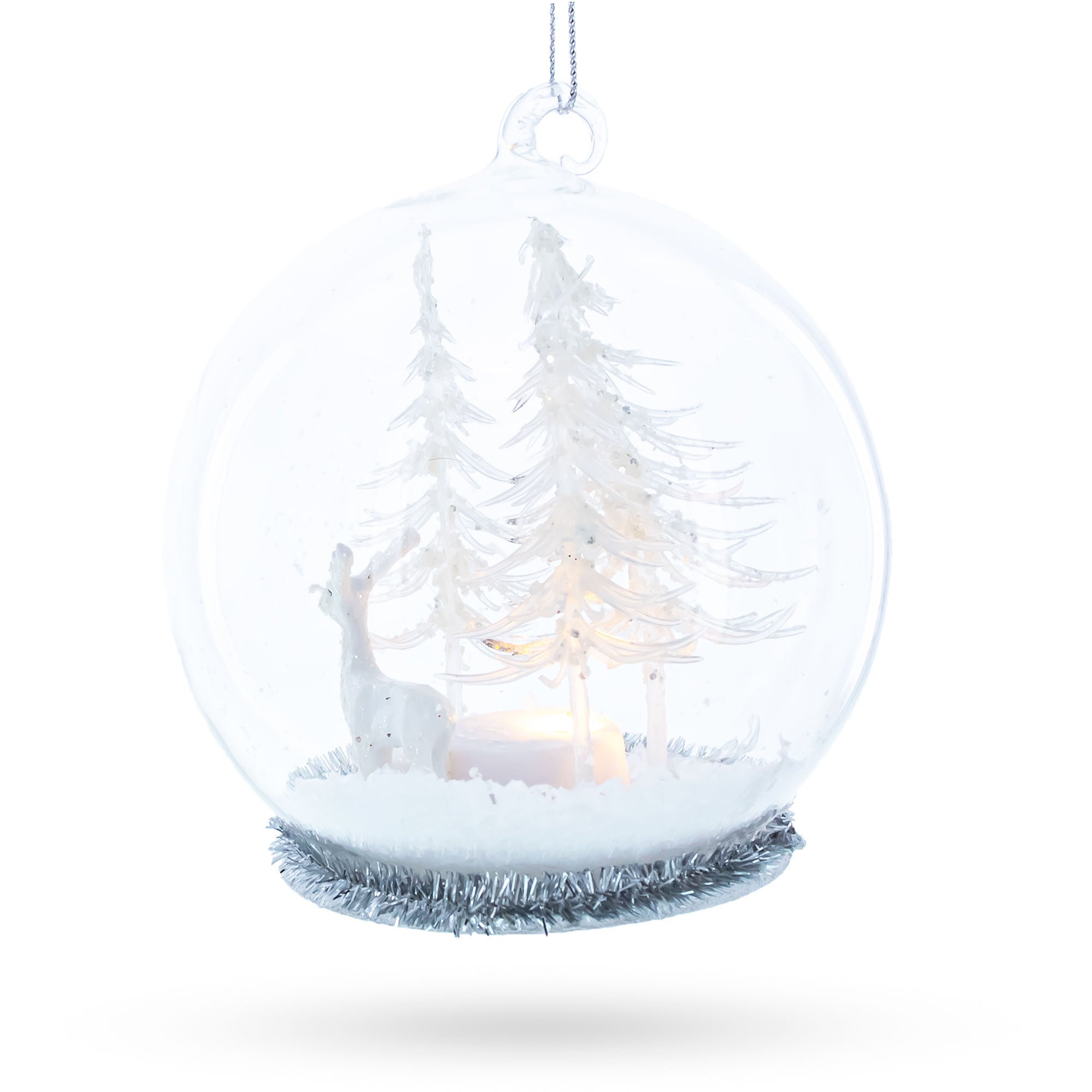 White Deer In Snow Globe With Glistening Snowflakes - Blown Glass Christmas Ornament