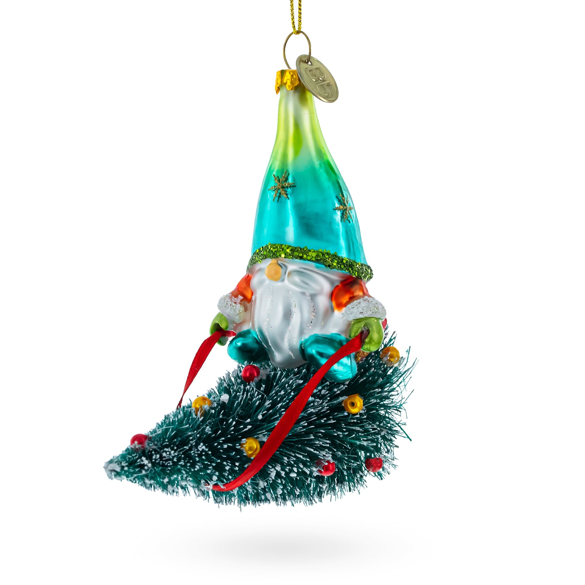 Gnome Adventurer Riding A Festive Tree - Blown Glass Christmas Ornament