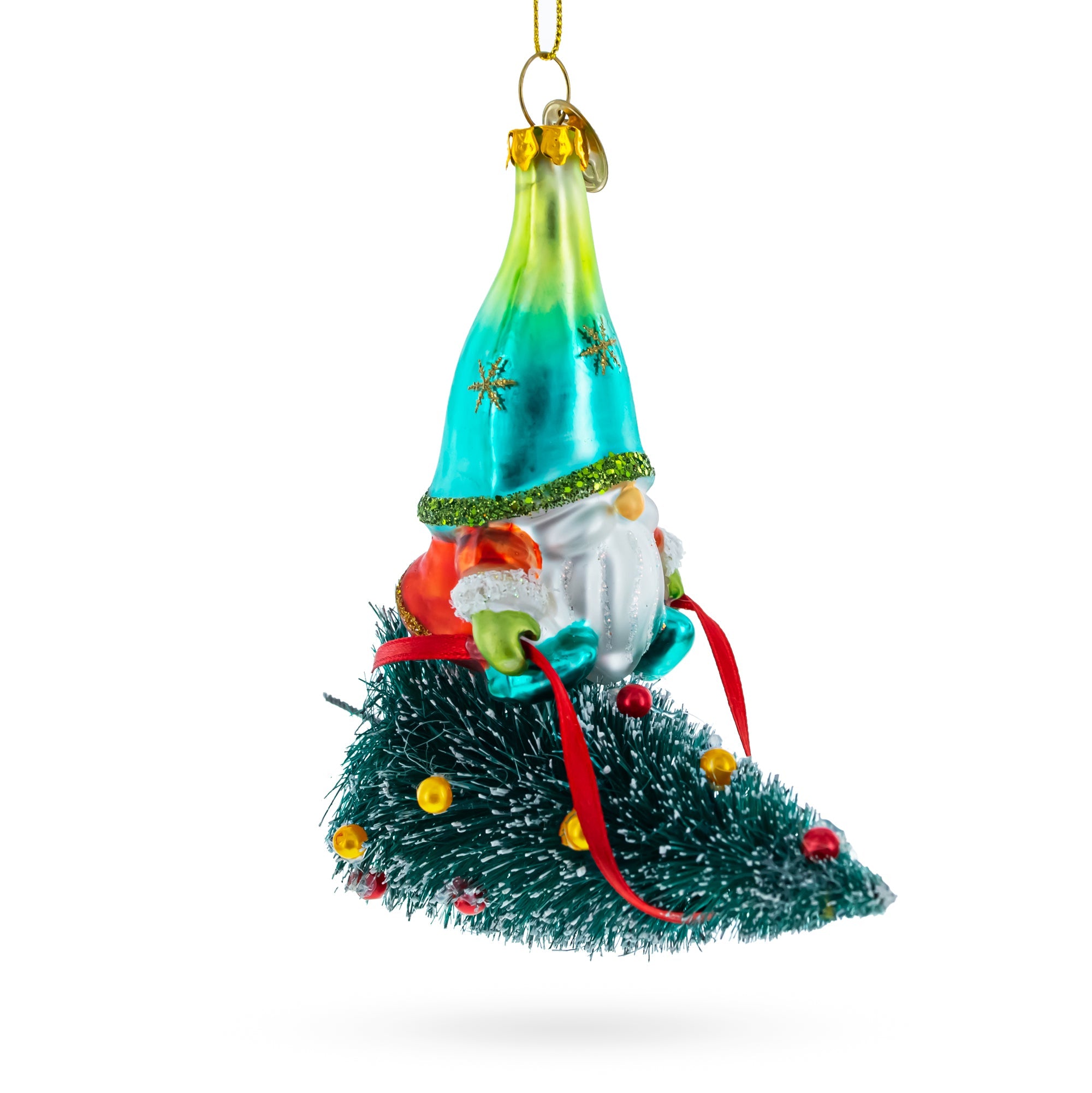 Gnome Adventurer Riding A Festive Tree - Blown Glass Christmas Ornament