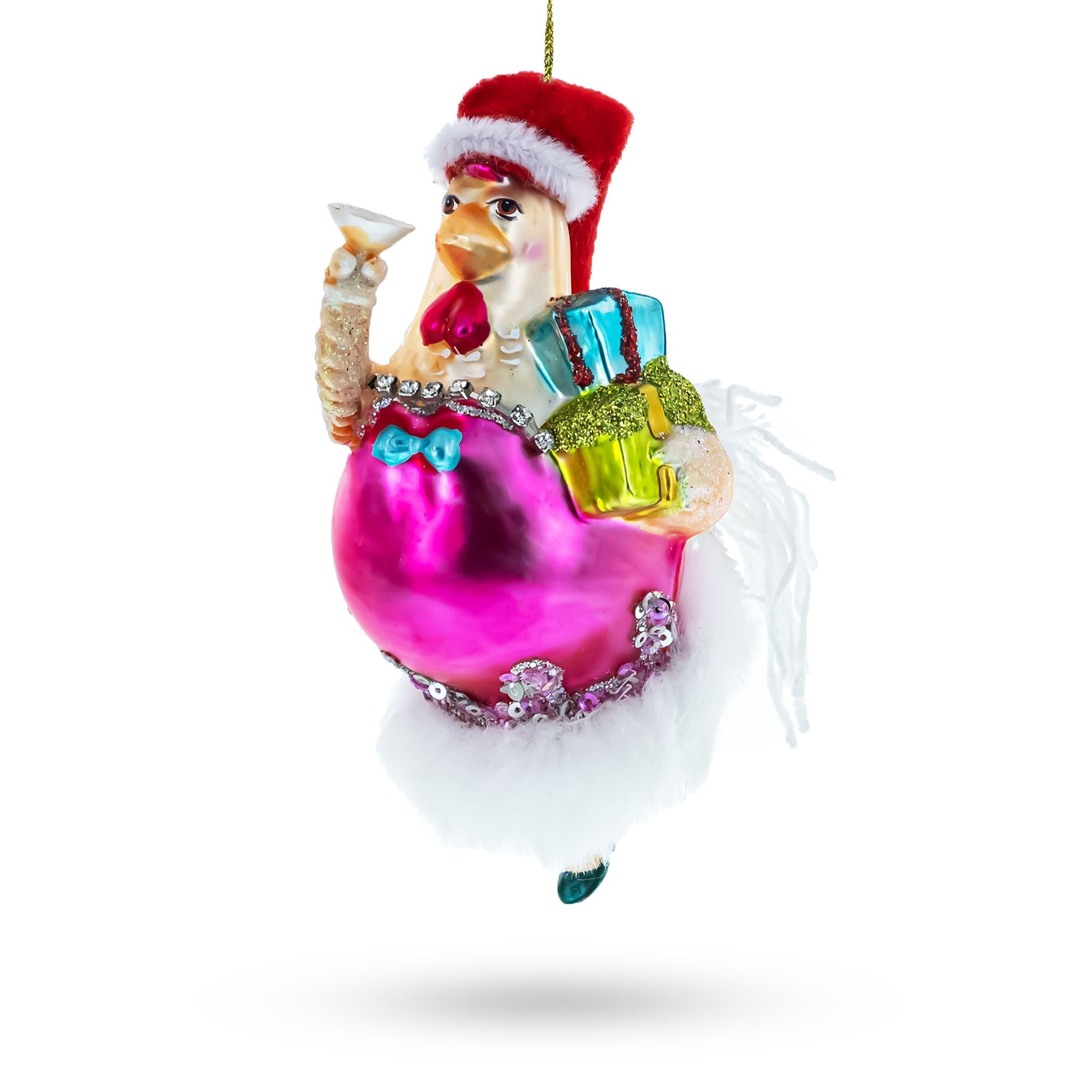 Charming Chicken In Pink Dress - Blown Glass Christmas Ornament