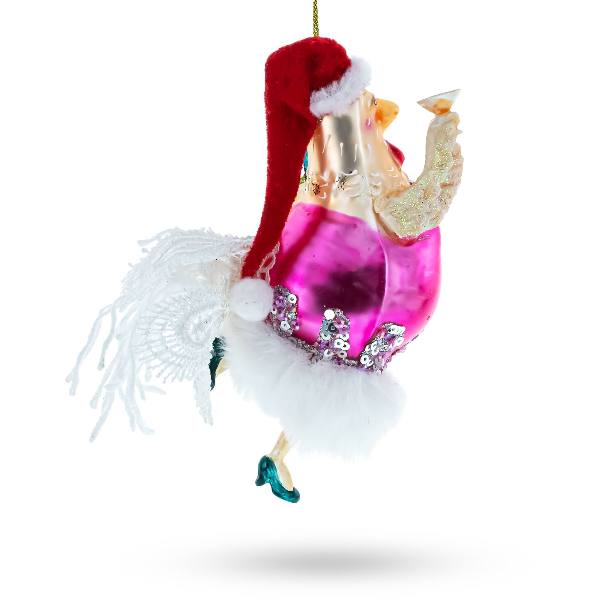 Charming Chicken In Pink Dress - Blown Glass Christmas Ornament