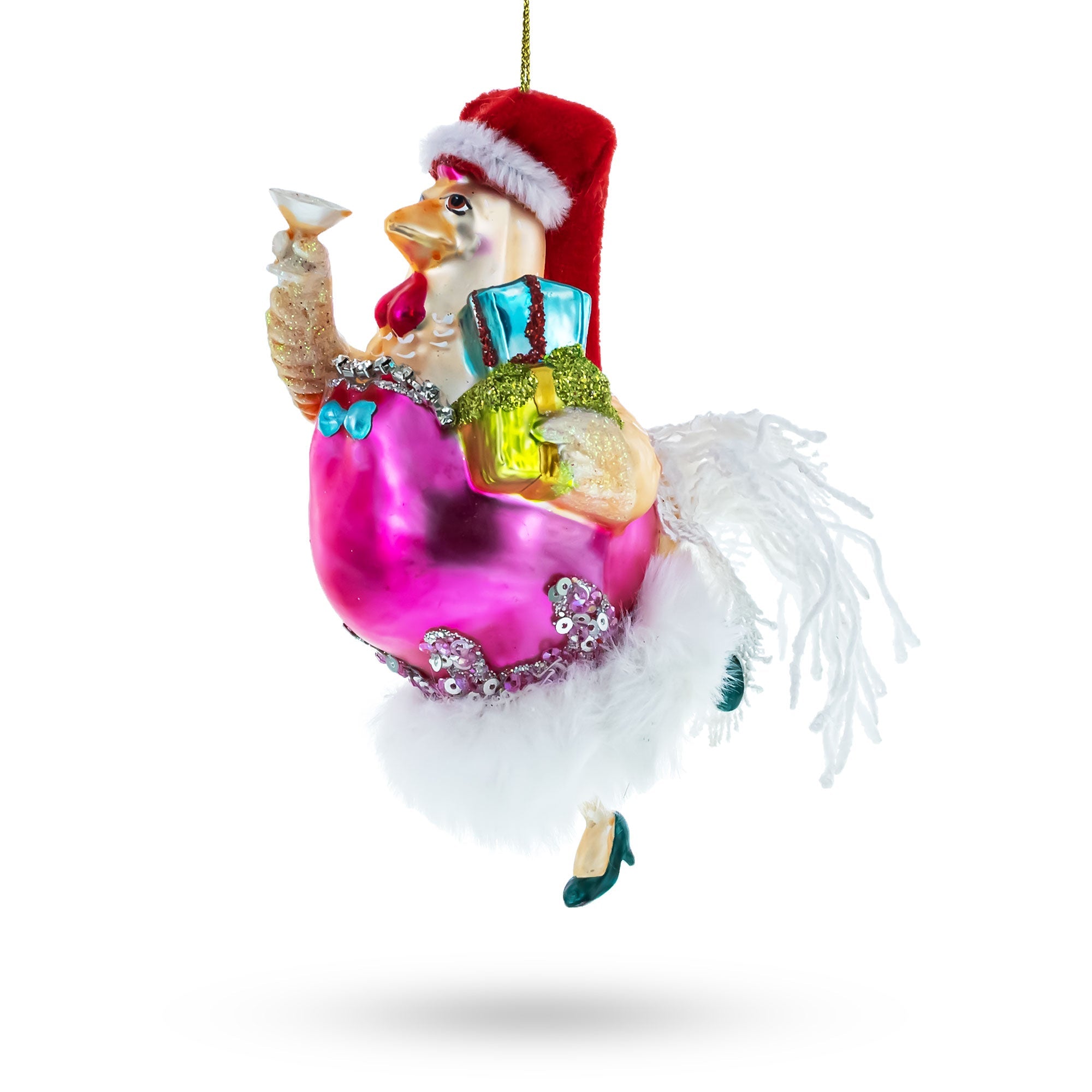 Charming Chicken In Pink Dress - Blown Glass Christmas Ornament