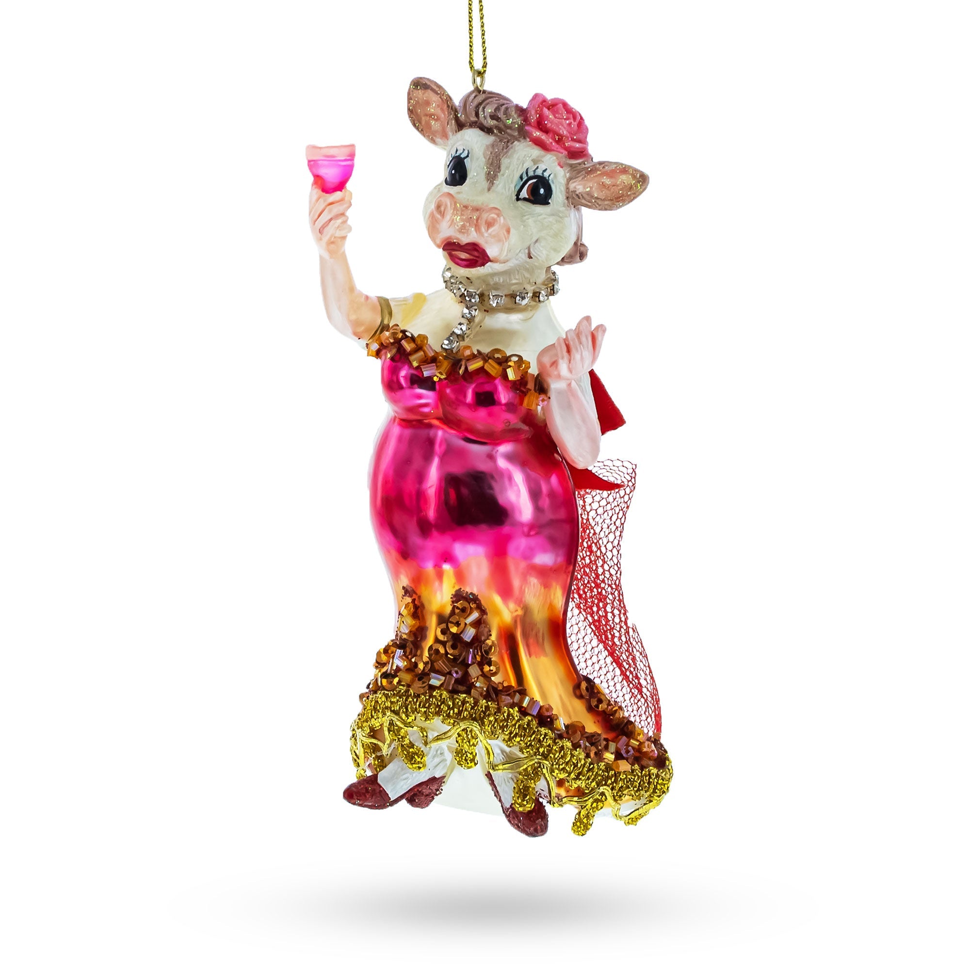 Pink-dressed Cow With Wine Glass - Blown Glass Christmas Ornament