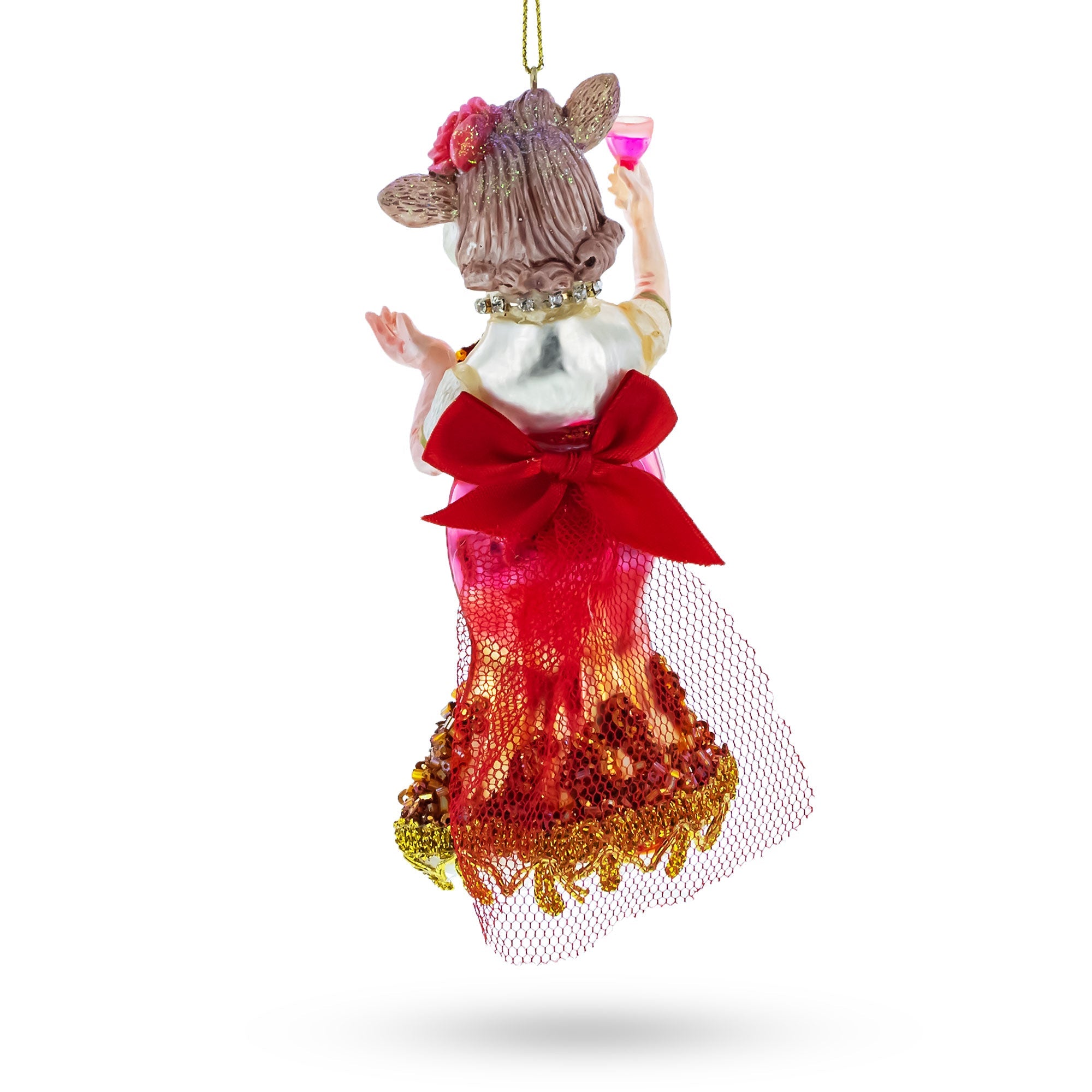 Pink-dressed Cow With Wine Glass - Blown Glass Christmas Ornament