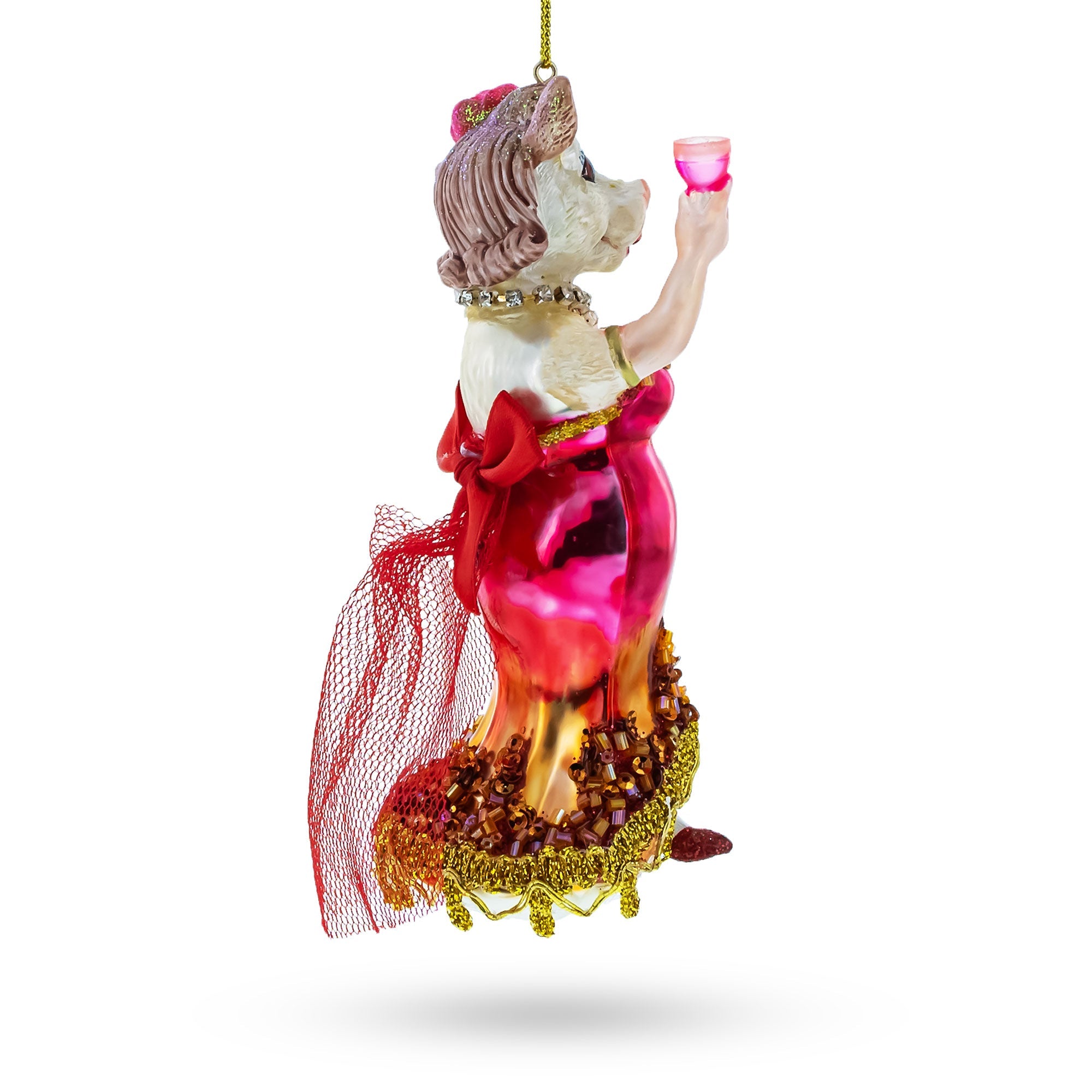 Pink-dressed Cow With Wine Glass - Blown Glass Christmas Ornament