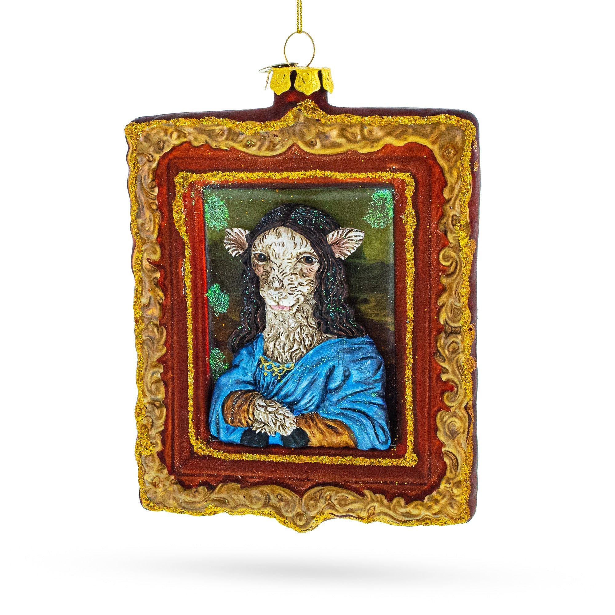 Enchanting Mona Lisa Sheep - Blown Glass Christmas Ornament