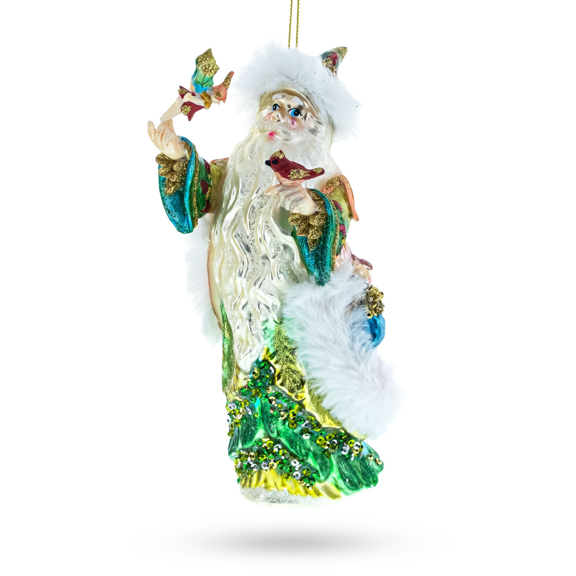 Whimsical Santa In Green Holding Birds - Blown Glass Christmas Ornament