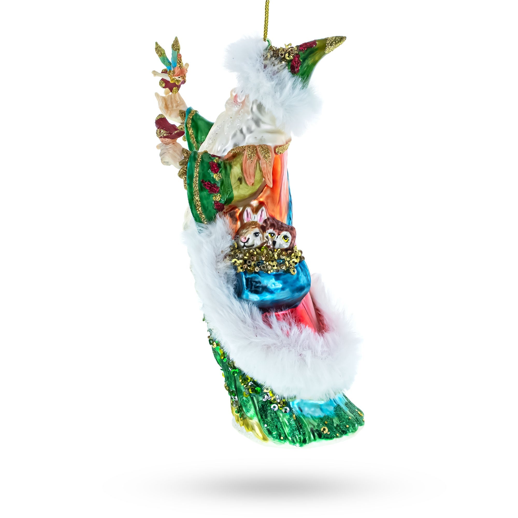 Whimsical Santa In Green Holding Birds - Blown Glass Christmas Ornament