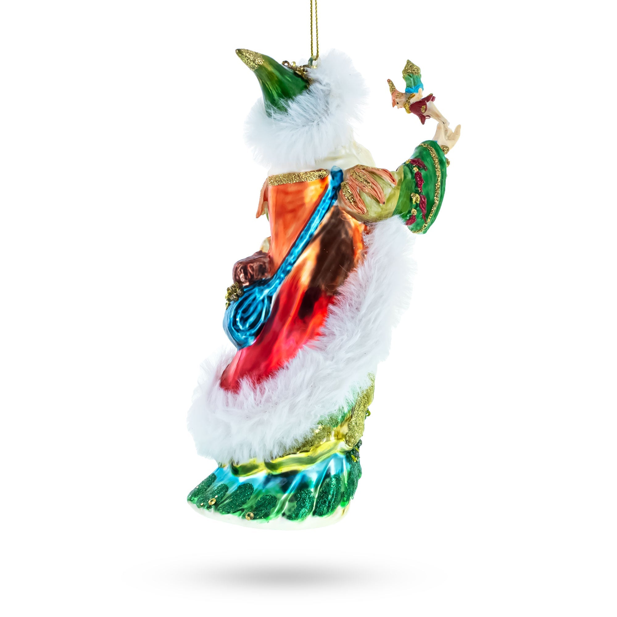 Whimsical Santa In Green Holding Birds - Blown Glass Christmas Ornament