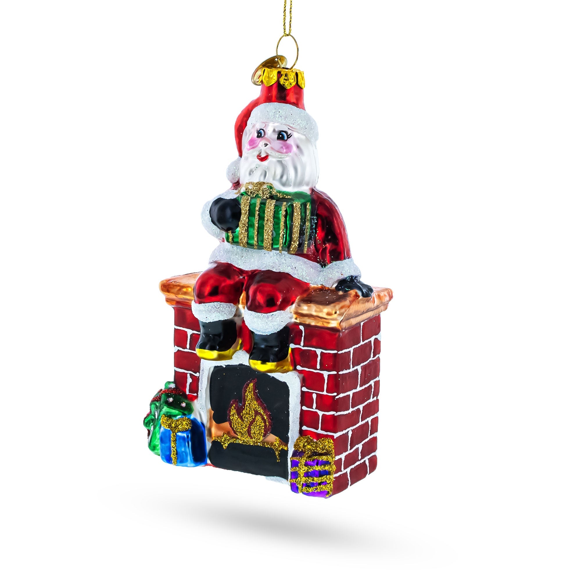 Cozy Santa Sitting On Fireplace - Blown Glass Christmas Ornament