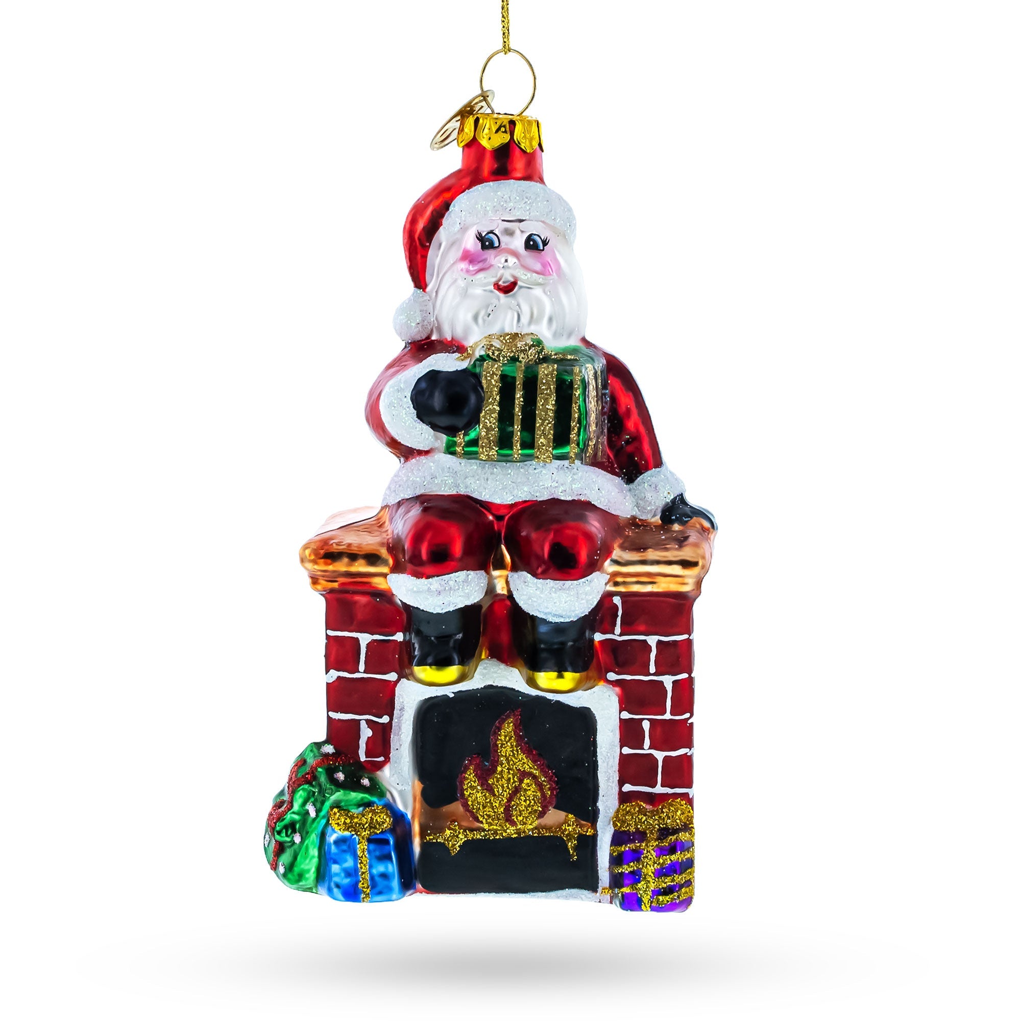 Cozy Santa Sitting On Fireplace - Blown Glass Christmas Ornament