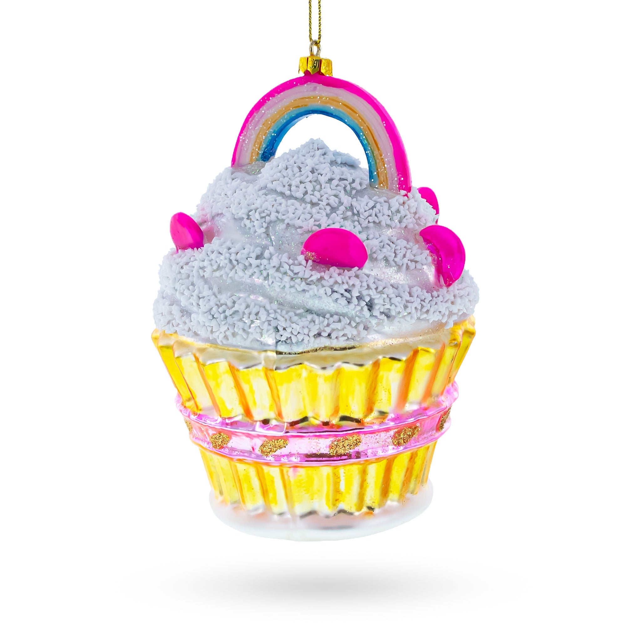 Delightful Sprinkled Cupcake With Rainbow - Blown Glass Christmas Ornament