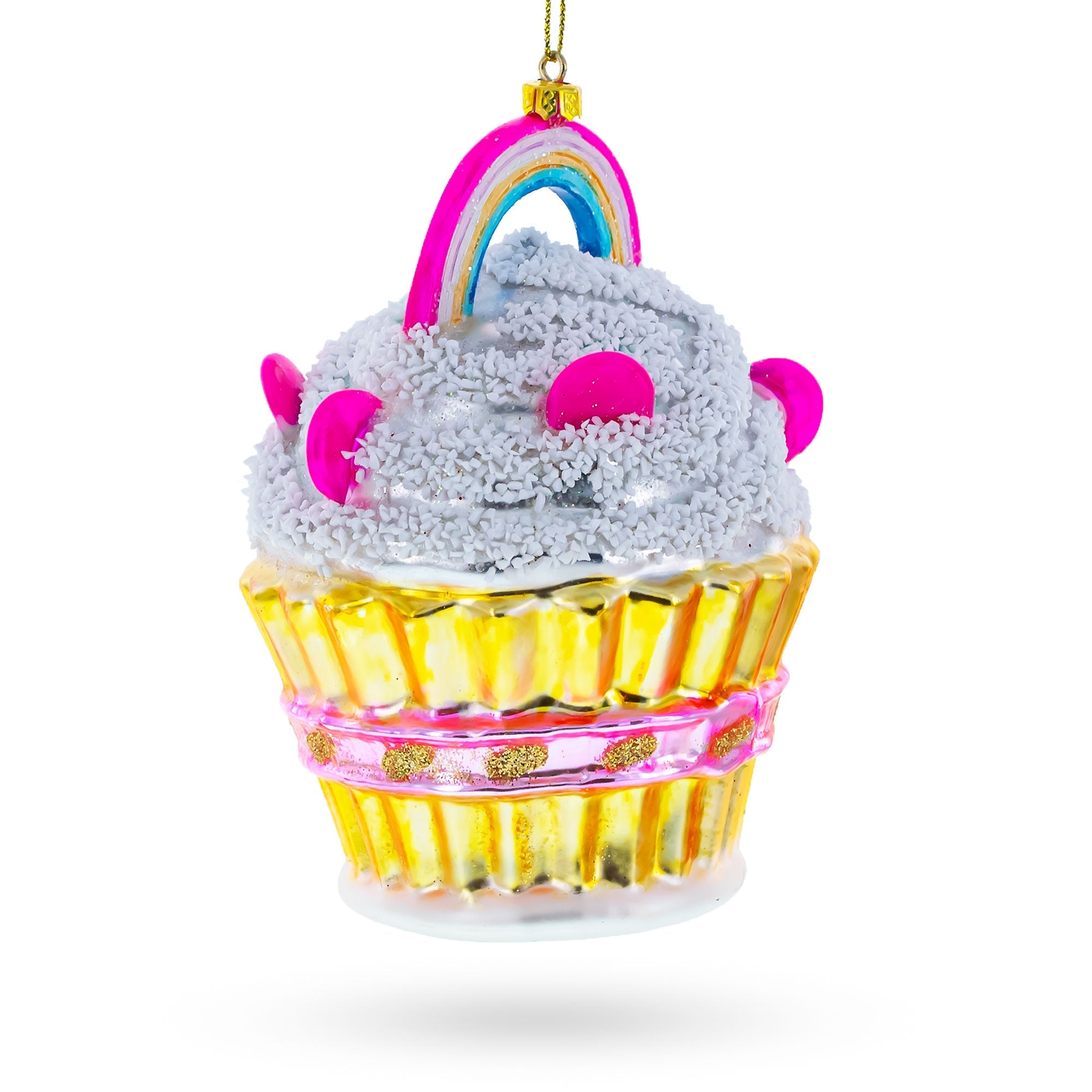 Delightful Sprinkled Cupcake With Rainbow - Blown Glass Christmas Ornament