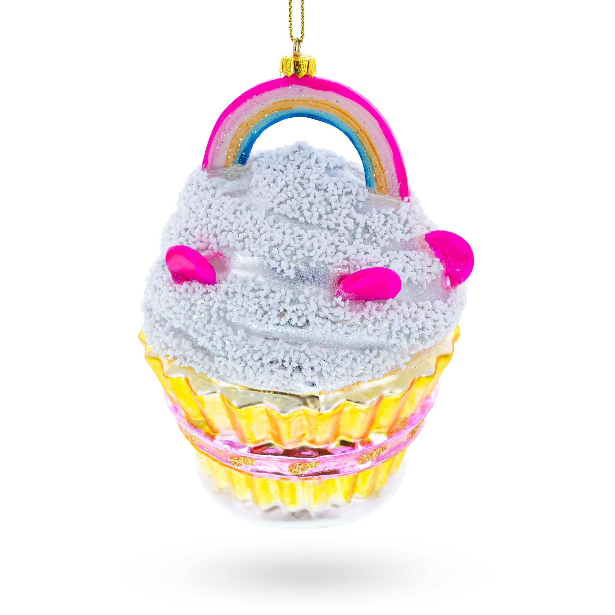 Delightful Sprinkled Cupcake With Rainbow - Blown Glass Christmas Ornament