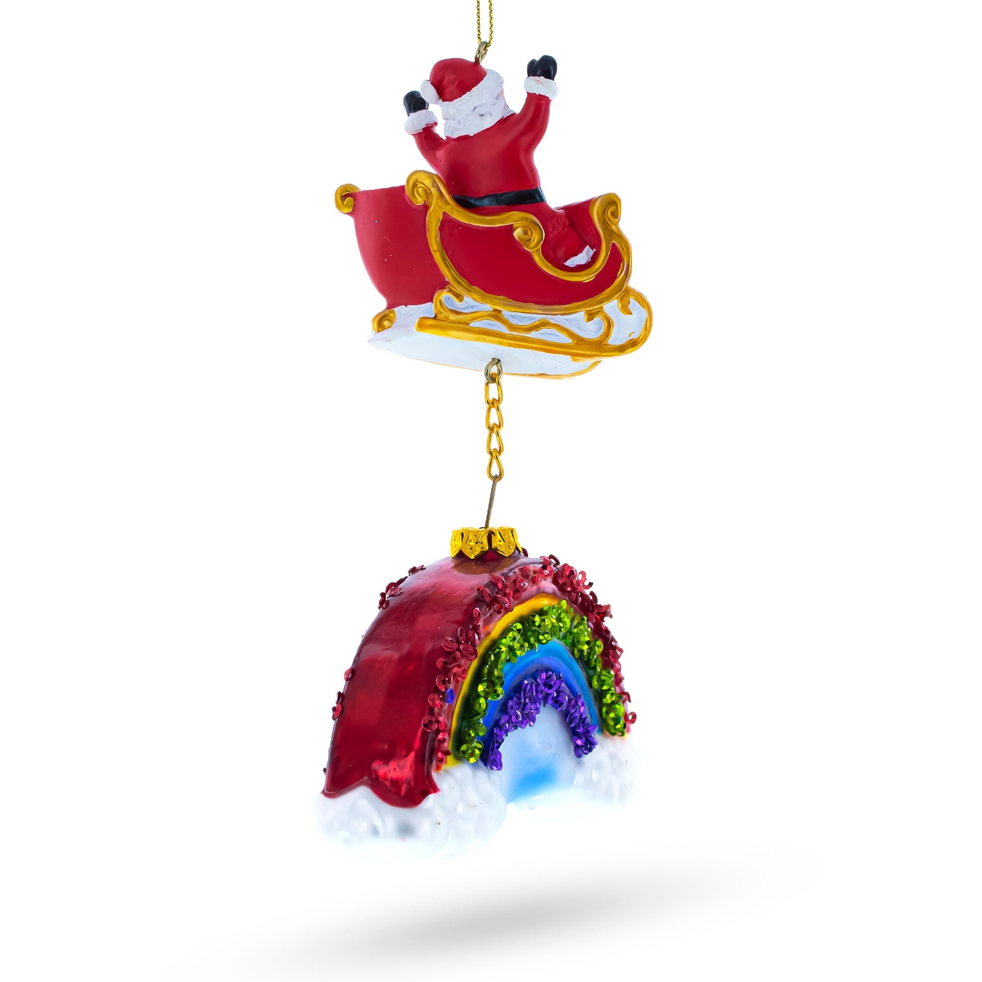 Whimsical Santa In Sleigh Over Rainbow - Blown Glass Christmas Ornament